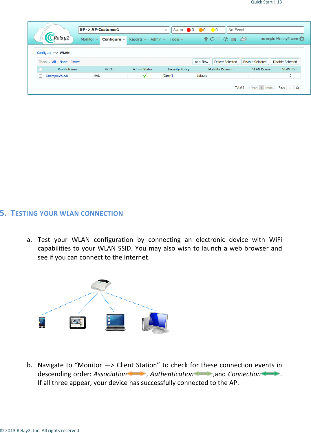 Quick Start | 13  © 2013 Relay2, Inc. All rights reserved.             5. TESTING YOUR WLAN CONNECTION  a. Test your WLAN configuration by connecting an electronic device with WiFi capabilities to your WLAN SSID. You may also wish to launch a web browser and see if you can connect to the Internet.   b. Navigate to “Monitor —&gt; Client Station” to check for these connection events in descending order: Association , Authentication ,and Connection. If all three appear, your device has successfully connected to the AP.  