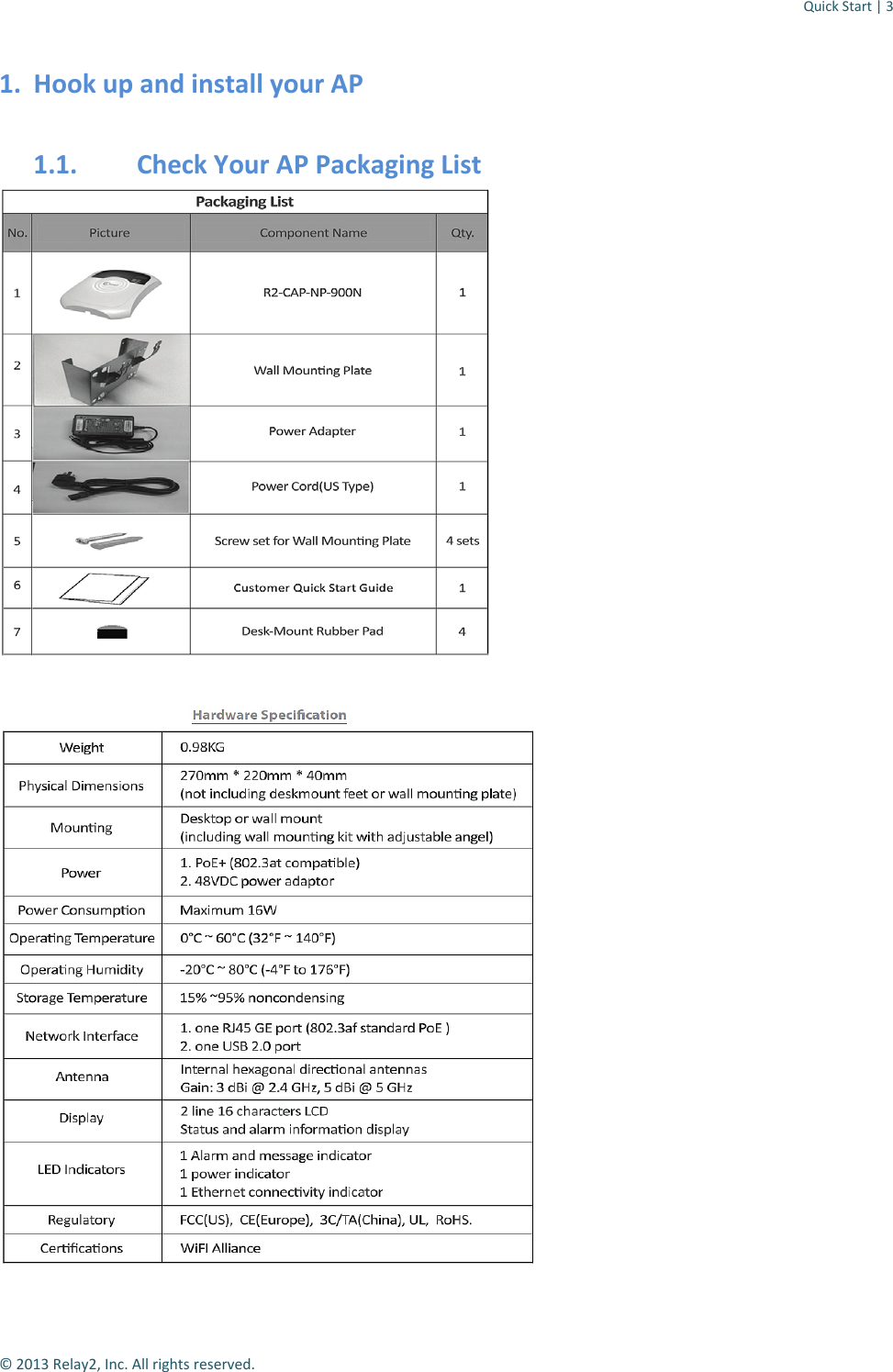 Quick Start | 3  © 2013 Relay2, Inc. All rights reserved. 1. Hook up and install your AP 1.1. Check Your AP Packaging List    