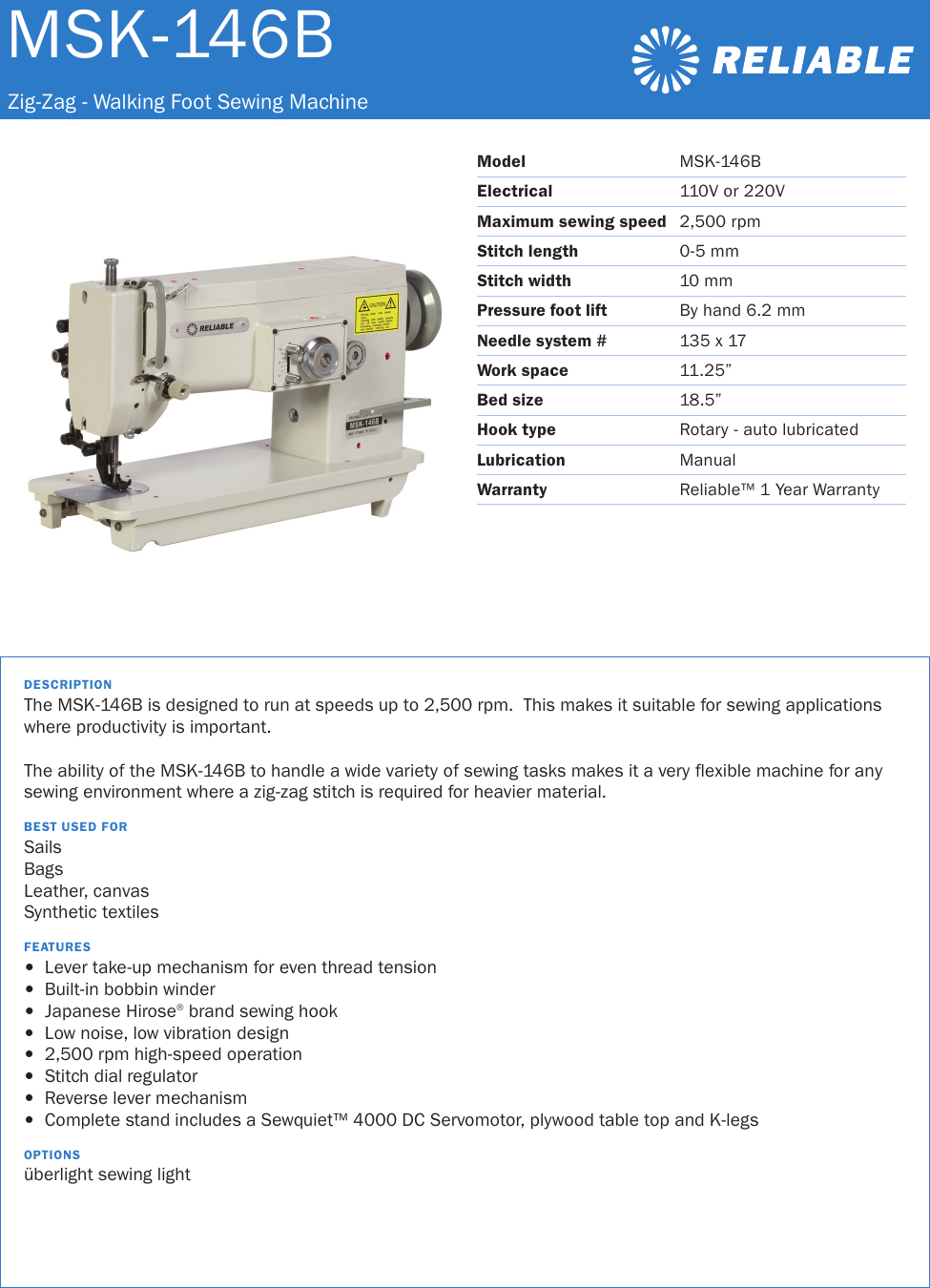 Reliable Msk 146B Users Manual