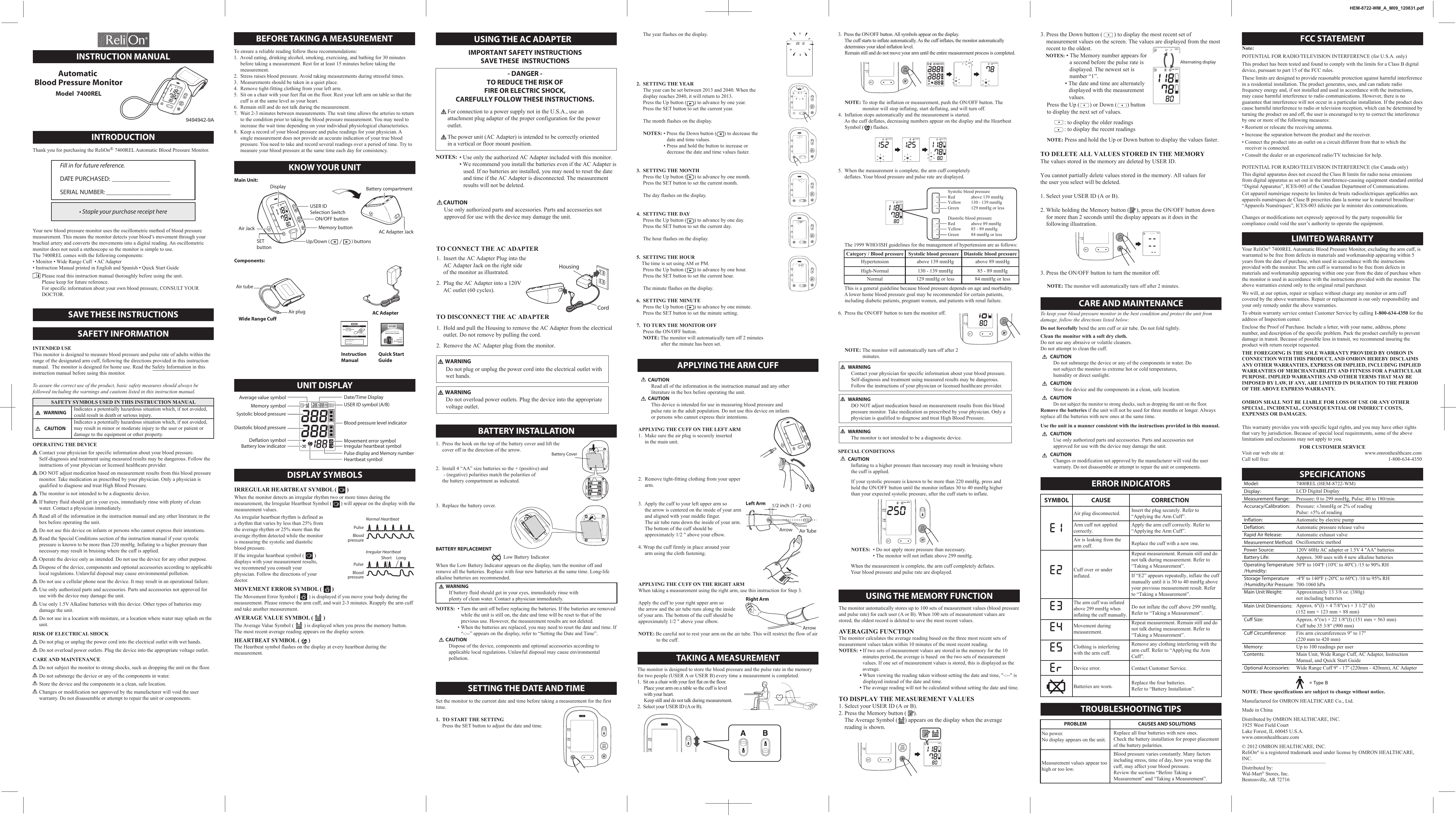 Page 1 of 2 - Relion Relion-Bp300-Owner-S-Manual 0831_HEM-8722-WM_A_M02_Eng