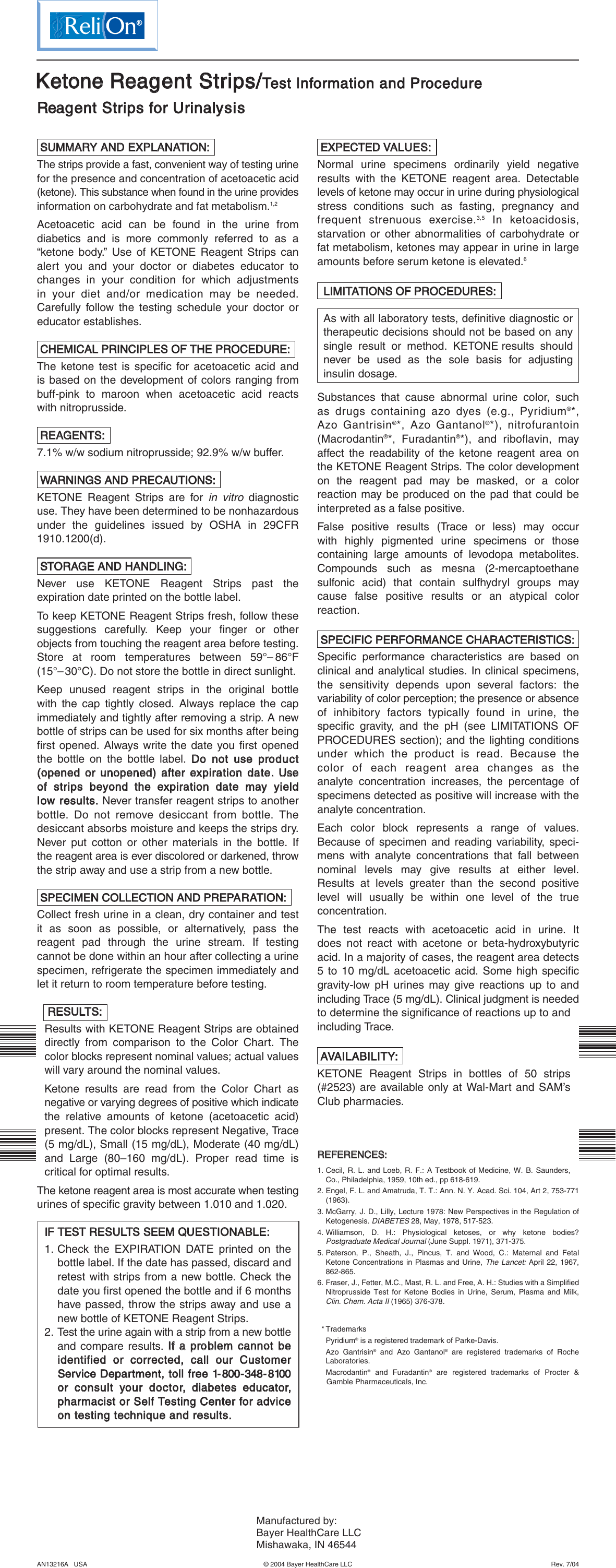 Page 1 of 2 - Relion Relion-Ketone--Strips-Owner-S-Manual Bayer — Ketone Reagent Strips