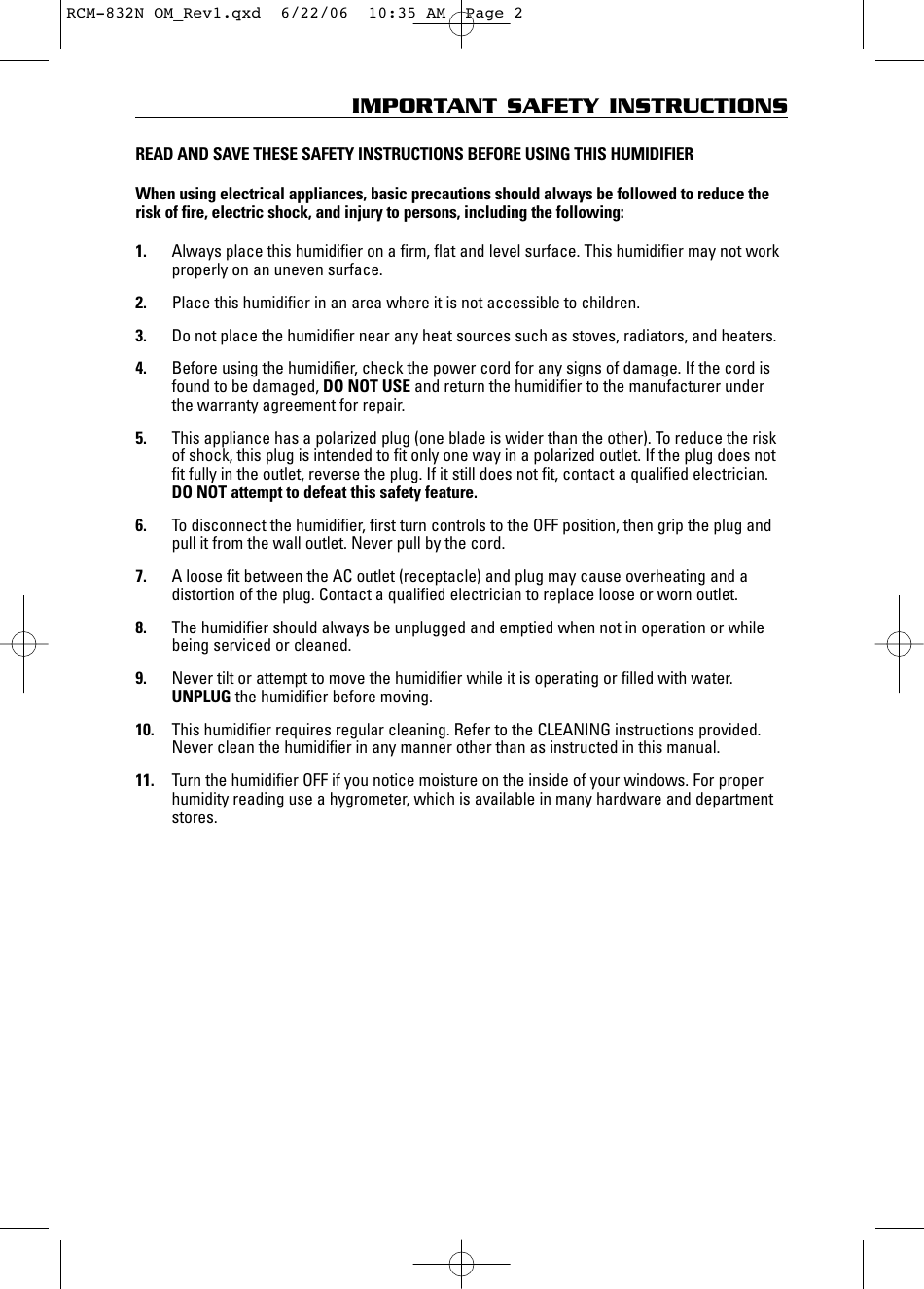 Relion Rcm-832 Humidifier User Manual