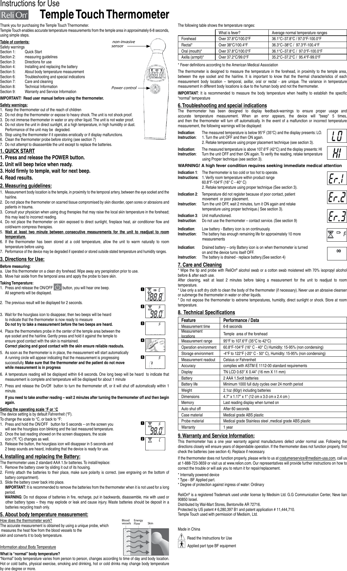 Page 1 of 2 - Relion Relion-Temple-Touch-Thermometer-Owner-S-Manual