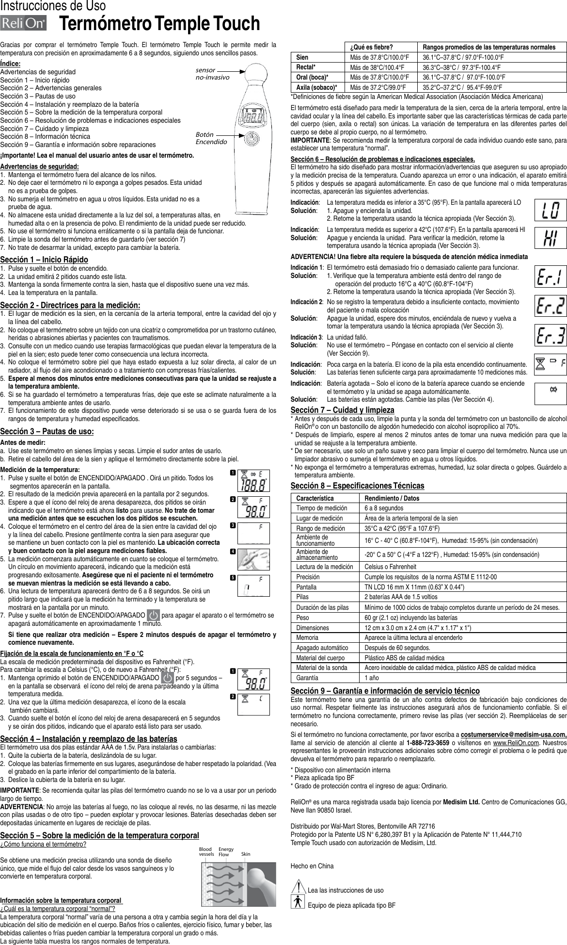 Page 2 of 2 - Relion Relion-Temple-Touch-Thermometer-Owner-S-Manual