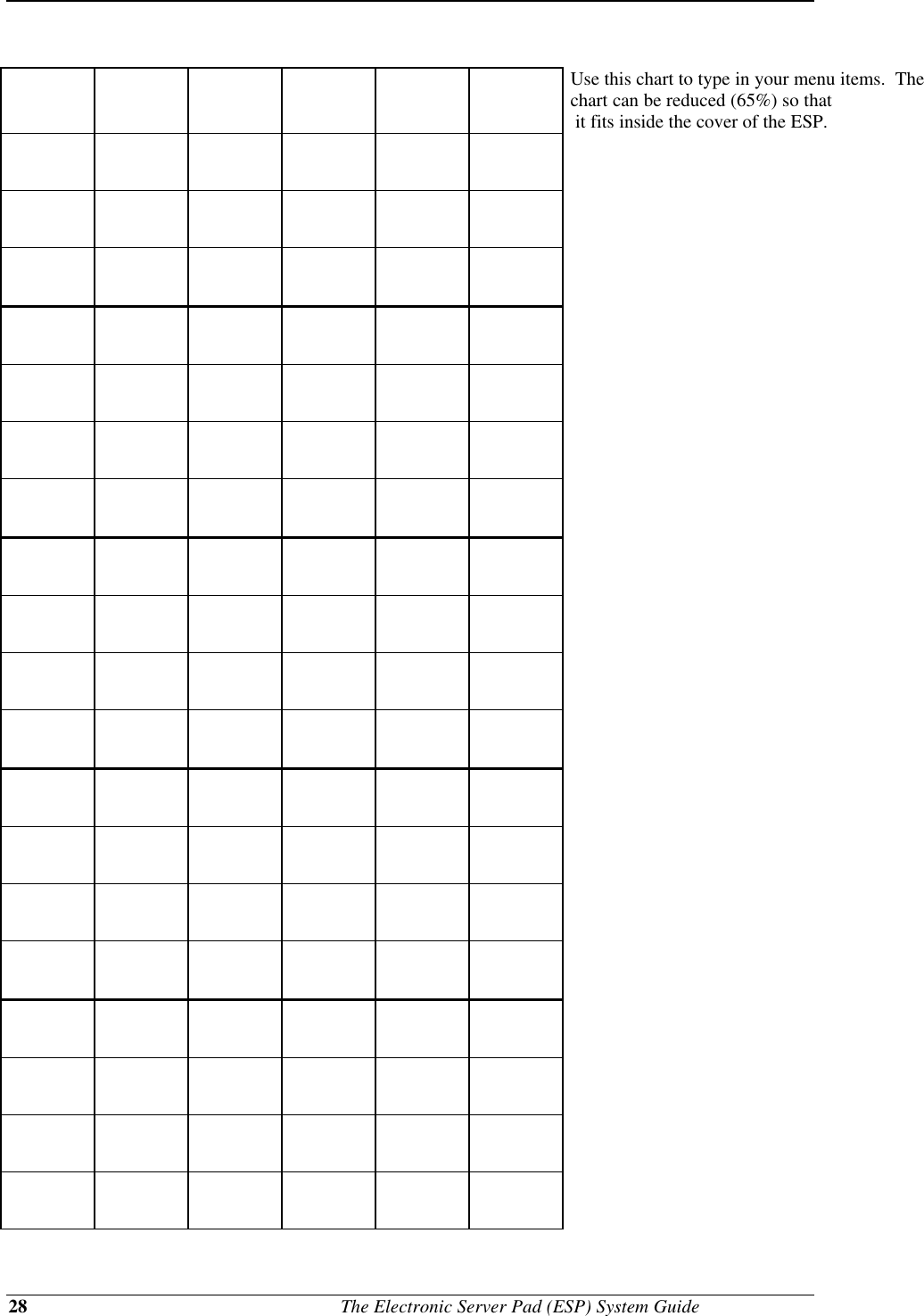 28                                              The Electronic Server Pad (ESP) System GuideUse this chart to type in your menu items.  Thechart can be reduced (65%) so that it fits inside the cover of the ESP.