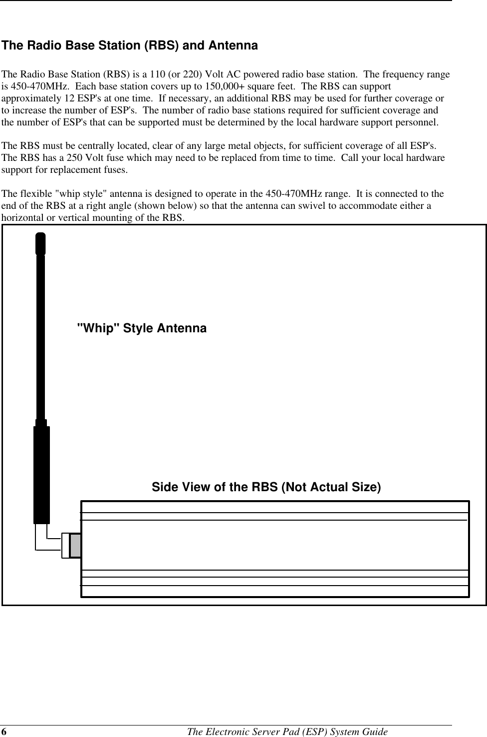 6                                             The Electronic Server Pad (ESP) System GuideThe Radio Base Station (RBS) and AntennaThe Radio Base Station (RBS) is a 110 (or 220) Volt AC powered radio base station.  The frequency rangeis 450-470MHz.  Each base station covers up to 150,000+ square feet.  The RBS can supportapproximately 12 ESP&apos;s at one time.  If necessary, an additional RBS may be used for further coverage orto increase the number of ESP&apos;s.  The number of radio base stations required for sufficient coverage andthe number of ESP&apos;s that can be supported must be determined by the local hardware support personnel.The RBS must be centrally located, clear of any large metal objects, for sufficient coverage of all ESP&apos;s.The RBS has a 250 Volt fuse which may need to be replaced from time to time.  Call your local hardwaresupport for replacement fuses.The flexible &quot;whip style&quot; antenna is designed to operate in the 450-470MHz range.  It is connected to theend of the RBS at a right angle (shown below) so that the antenna can swivel to accommodate either ahorizontal or vertical mounting of the RBS.&quot;Whip&quot; Style AntennaSide View of the RBS (Not Actual Size)