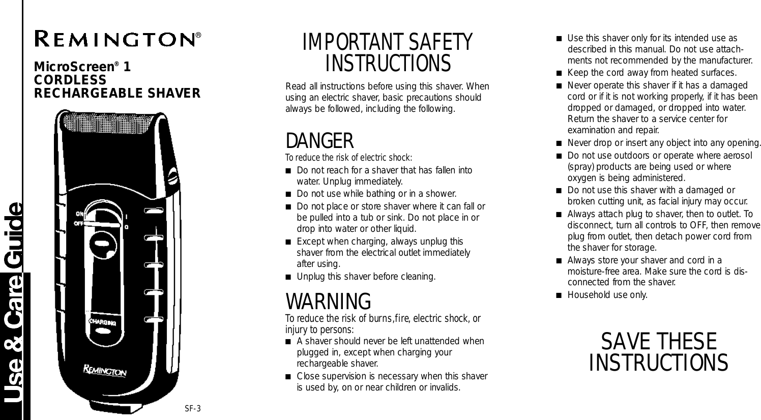 Page 1 of 4 - Remington Remington-Cordless-Rechargeable-Shaver-Users-Manual-  Remington-cordless-rechargeable-shaver-users-manual