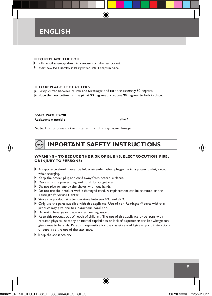 Page 7 of 9 - Remington Remington-Dual-Foil-Shaver-F-3790-Users-Manual- 080621_REME_IFU_FF500_FF600_innen  Remington-dual-foil-shaver-f-3790-users-manual