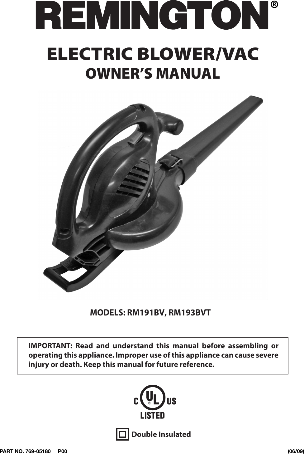 Remington Electric Blower Vac Rm193B Users Manual