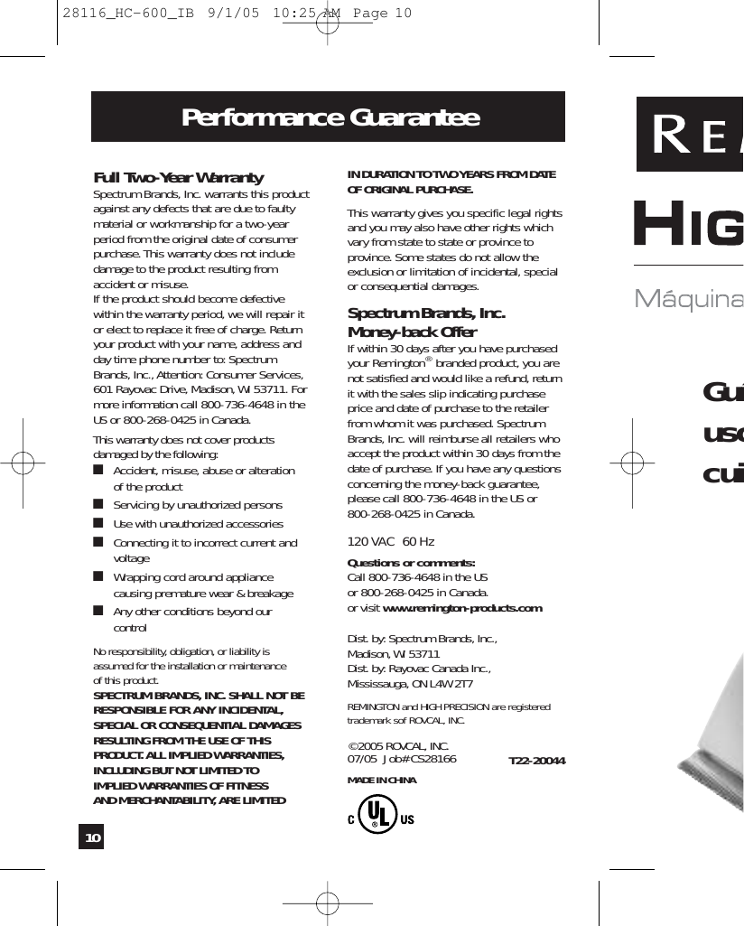 Remington Hc 600 Users Manual 28116 Hc 600 Ib