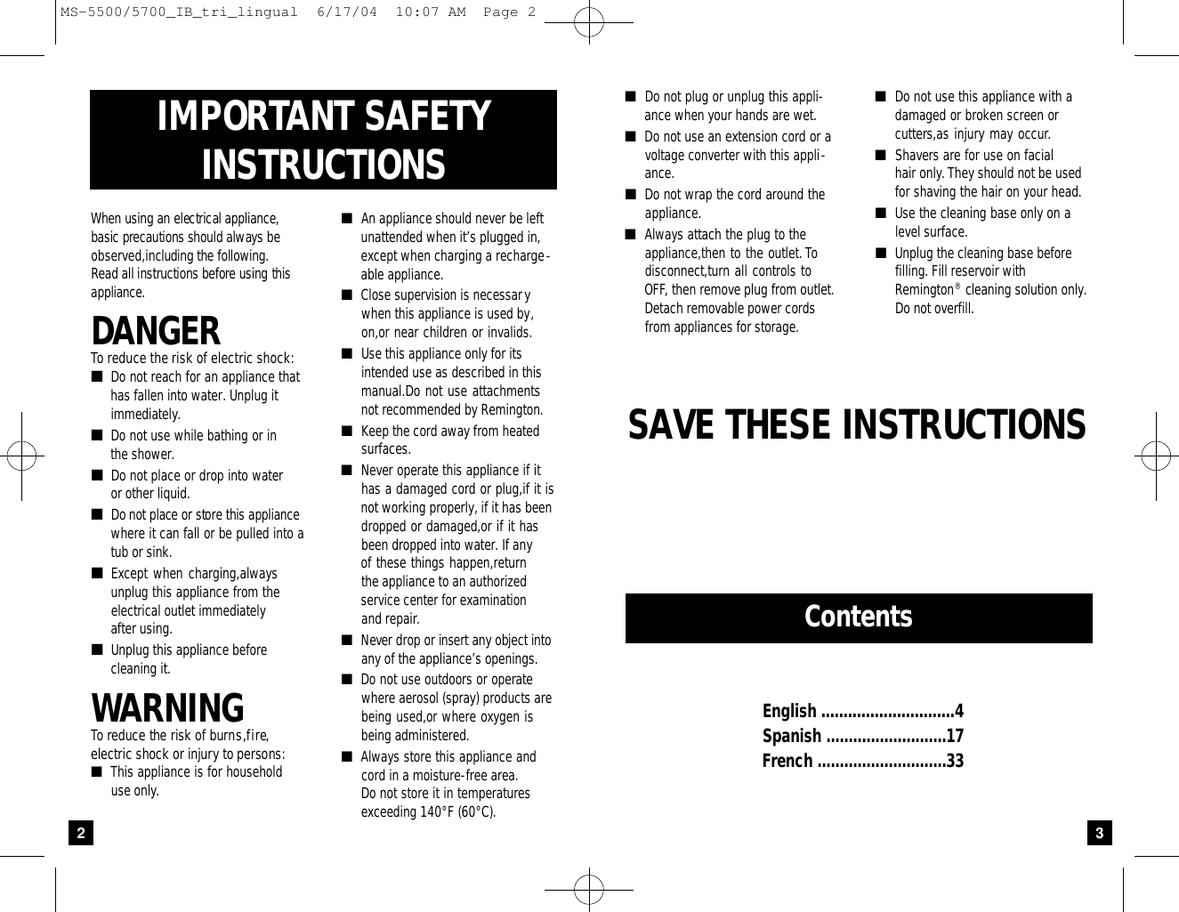 Page 2 of 8 - Remington Remington-Ms-5500-Users-Manual- Titanium Microscreen Ultra Shavers Use And Care Guide  Remington-ms-5500-users-manual