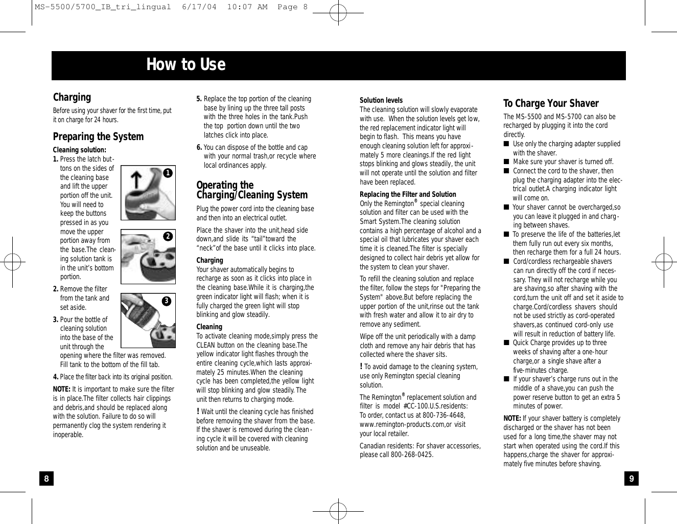 Page 5 of 8 - Remington Remington-Ms-5500-Users-Manual- Titanium Microscreen Ultra Shavers Use And Care Guide  Remington-ms-5500-users-manual