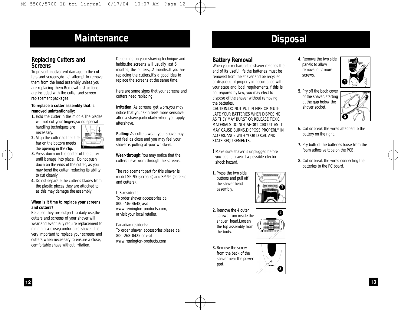 Page 7 of 8 - Remington Remington-Ms-5500-Users-Manual- Titanium Microscreen Ultra Shavers Use And Care Guide  Remington-ms-5500-users-manual