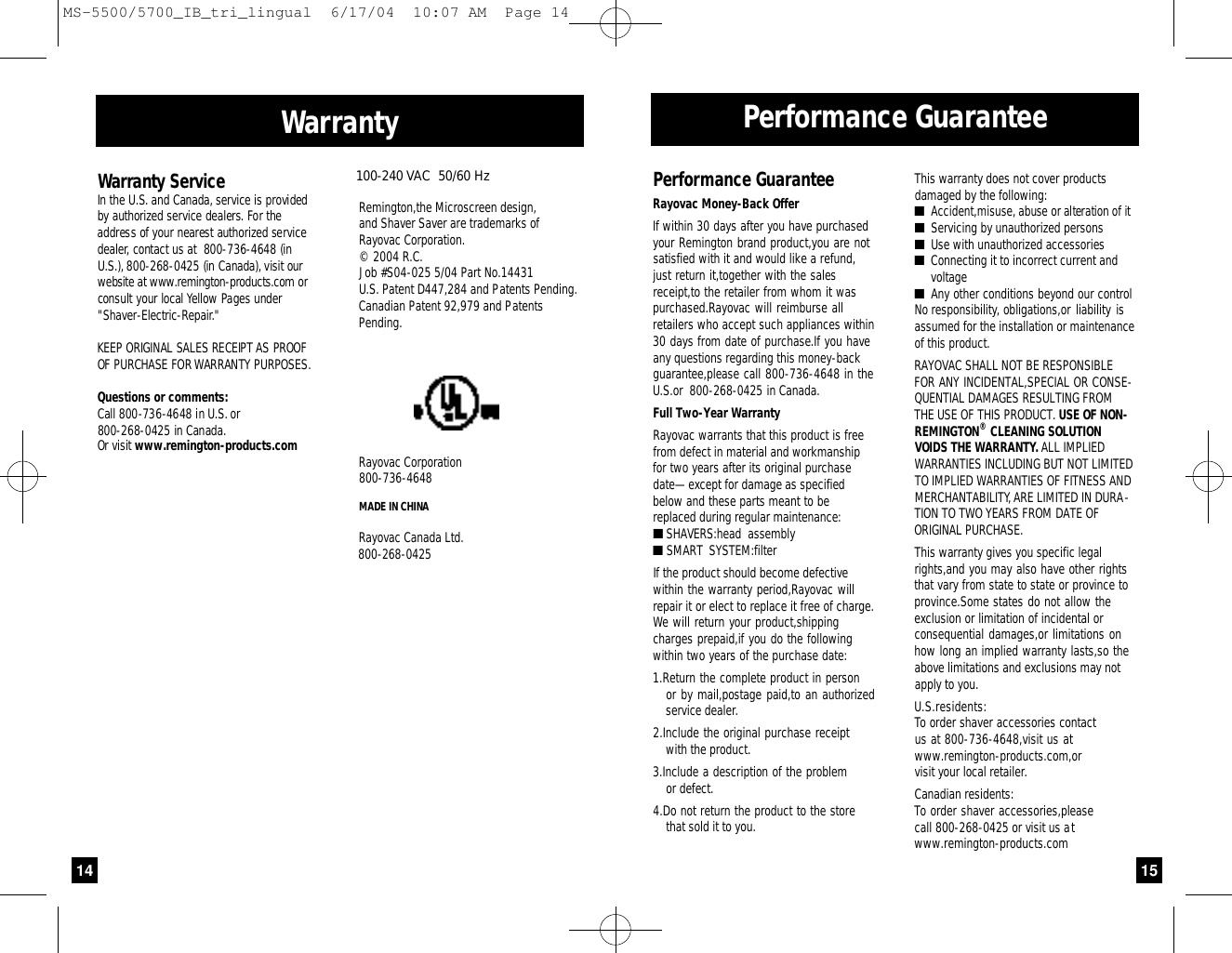 Page 8 of 8 - Remington Remington-Ms-5500-Users-Manual- Titanium Microscreen Ultra Shavers Use And Care Guide  Remington-ms-5500-users-manual