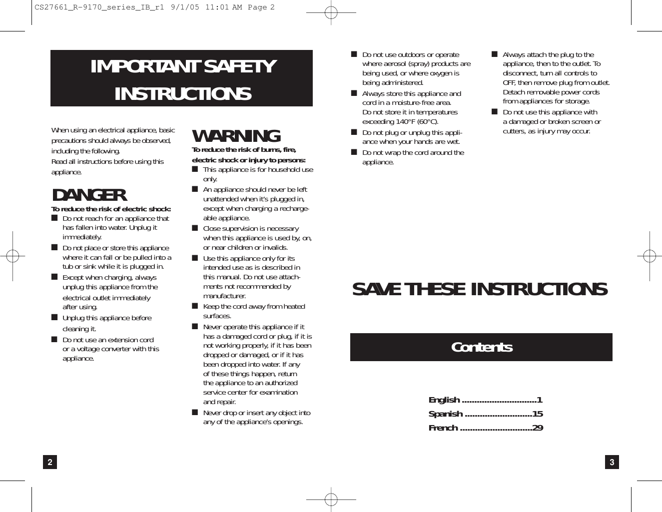 Page 2 of 8 - Remington Remington-R-9170-Users-Manual- CS27661_R-9170_series_IB_r1  Remington-r-9170-users-manual