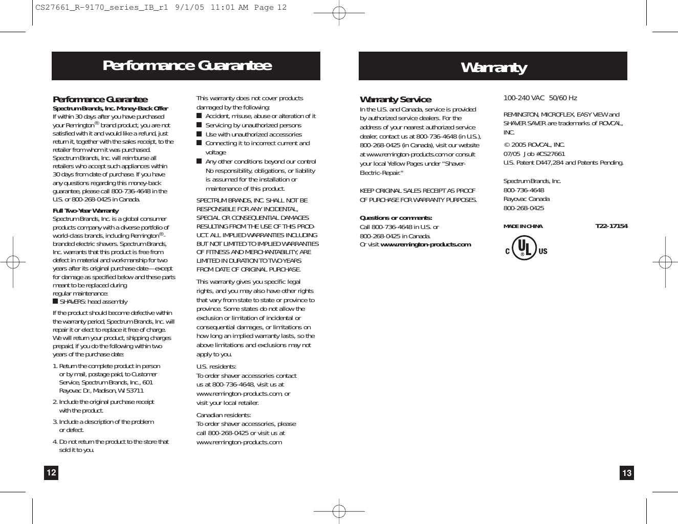 Page 7 of 8 - Remington Remington-R-9170-Users-Manual- CS27661_R-9170_series_IB_r1  Remington-r-9170-users-manual