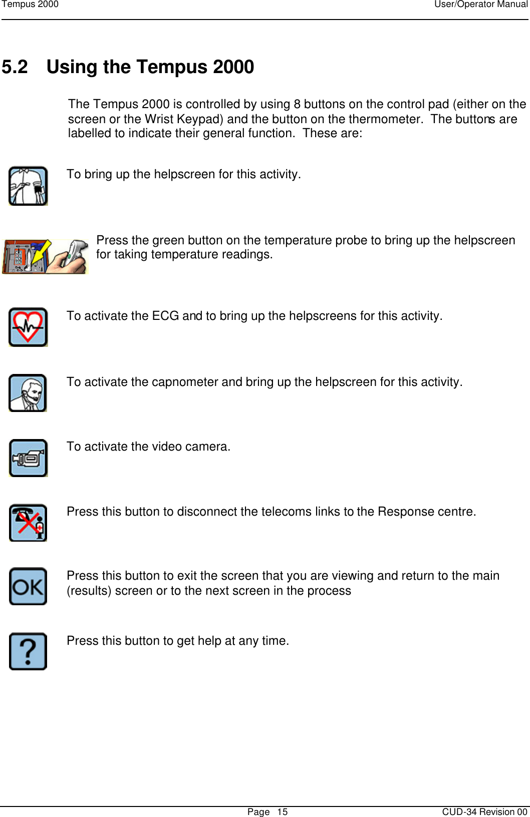 Tempus 2000    User/Operator Manual       Page   15   CUD-34 Revision 00 5.2 Using the Tempus 2000 The Tempus 2000 is controlled by using 8 buttons on the control pad (either on the screen or the Wrist Keypad) and the button on the thermometer.  The buttons are labelled to indicate their general function.  These are:   To bring up the helpscreen for this activity.      Press the green button on the temperature probe to bring up the helpscreen for taking temperature readings.      To activate the ECG and to bring up the helpscreens for this activity.      To activate the capnometer and bring up the helpscreen for this activity.        To activate the video camera.      Press this button to disconnect the telecoms links to the Response centre.      Press this button to exit the screen that you are viewing and return to the main (results) screen or to the next screen in the process     Press this button to get help at any time.        