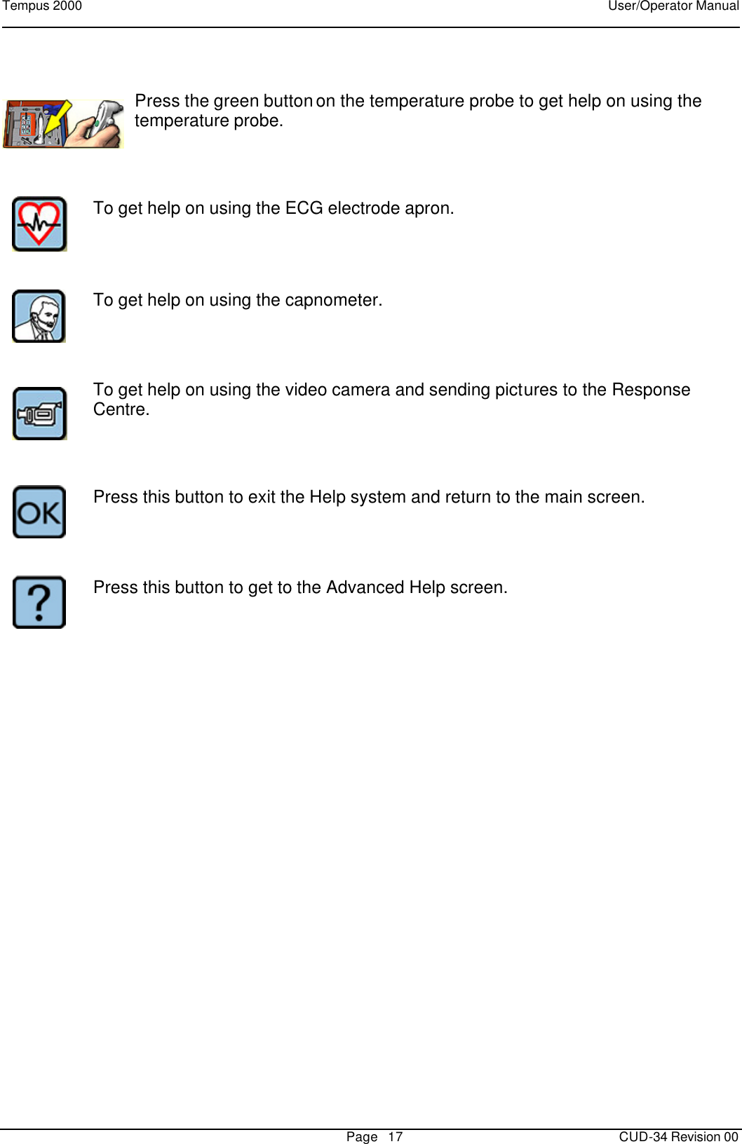 Tempus 2000    User/Operator Manual       Page   17   CUD-34 Revision 00     Press the green button on the temperature probe to get help on using the temperature probe.      To get help on using the ECG electrode apron.      To get help on using the capnometer.        To get help on using the video camera and sending pictures to the Response Centre.      Press this button to exit the Help system and return to the main screen.     Press this button to get to the Advanced Help screen.   