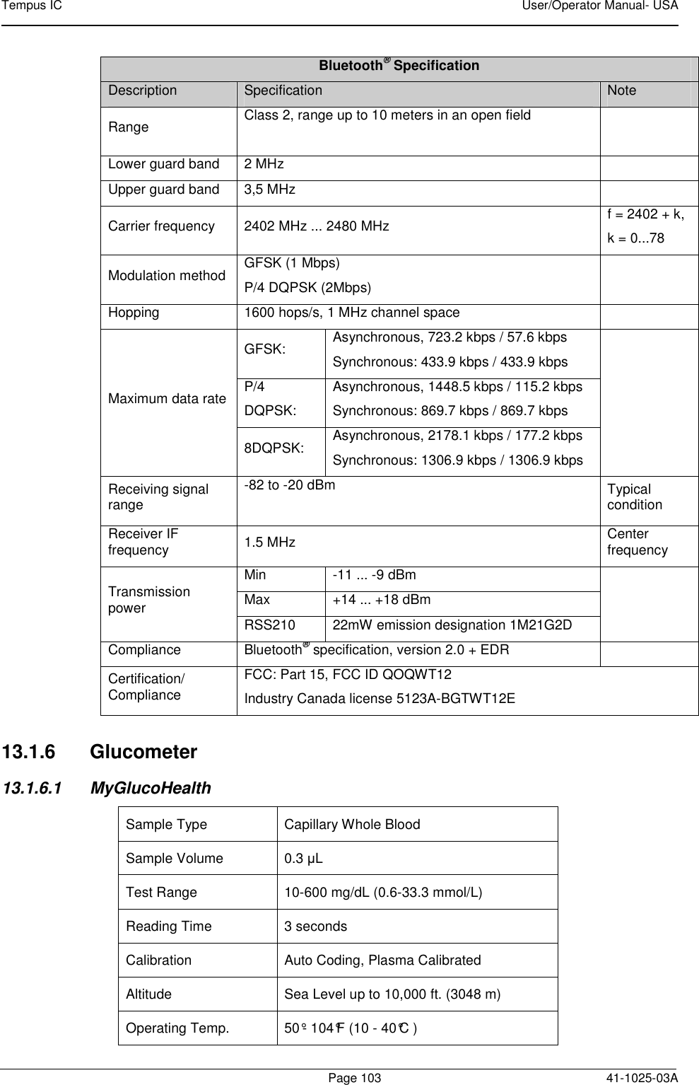 Tempus IC    User/Operator Manual- USA        Page 103   41-1025-03A Bluetooth® Specification Description  Specification  Note Range   Class 2, range up to 10 meters in an open field   Lower guard band  2 MHz   Upper guard band  3,5 MHz   Carrier frequency  2402 MHz ... 2480 MHz  f = 2402 + k, k = 0...78 Modulation method  GFSK (1 Mbps) P/4 DQPSK (2Mbps)   Hopping  1600 hops/s, 1 MHz channel space   Maximum data rate GFSK:  Asynchronous, 723.2 kbps / 57.6 kbps Synchronous: 433.9 kbps / 433.9 kbps  P/4 DQPSK: Asynchronous, 1448.5 kbps / 115.2 kbps Synchronous: 869.7 kbps / 869.7 kbps 8DQPSK:  Asynchronous, 2178.1 kbps / 177.2 kbps Synchronous: 1306.9 kbps / 1306.9 kbps Receiving signal range -82 to -20 dBm  Typical condition Receiver IF frequency  1.5 MHz  Center  frequency Transmission power Min  -11 ... -9 dBm  Max  +14 ... +18 dBm RSS210  22mW emission designation 1M21G2D Compliance  Bluetooth® specification, version 2.0 + EDR   Certification/ Compliance FCC: Part 15, FCC ID QOQWT12 Industry Canada license 5123A-BGTWT12E  13.1.6  Glucometer 13.1.6.1  MyGlucoHealth Sample Type   Capillary Whole Blood  Sample Volume   0.3 µL  Test Range   10-600 mg/dL (0.6-33.3 mmol/L)  Reading Time   3 seconds  Calibration   Auto Coding, Plasma Calibrated  Altitude   Sea Level up to 10,000 ft. (3048 m)  Operating Temp.   50°- 104°F (10 - 40°C )  