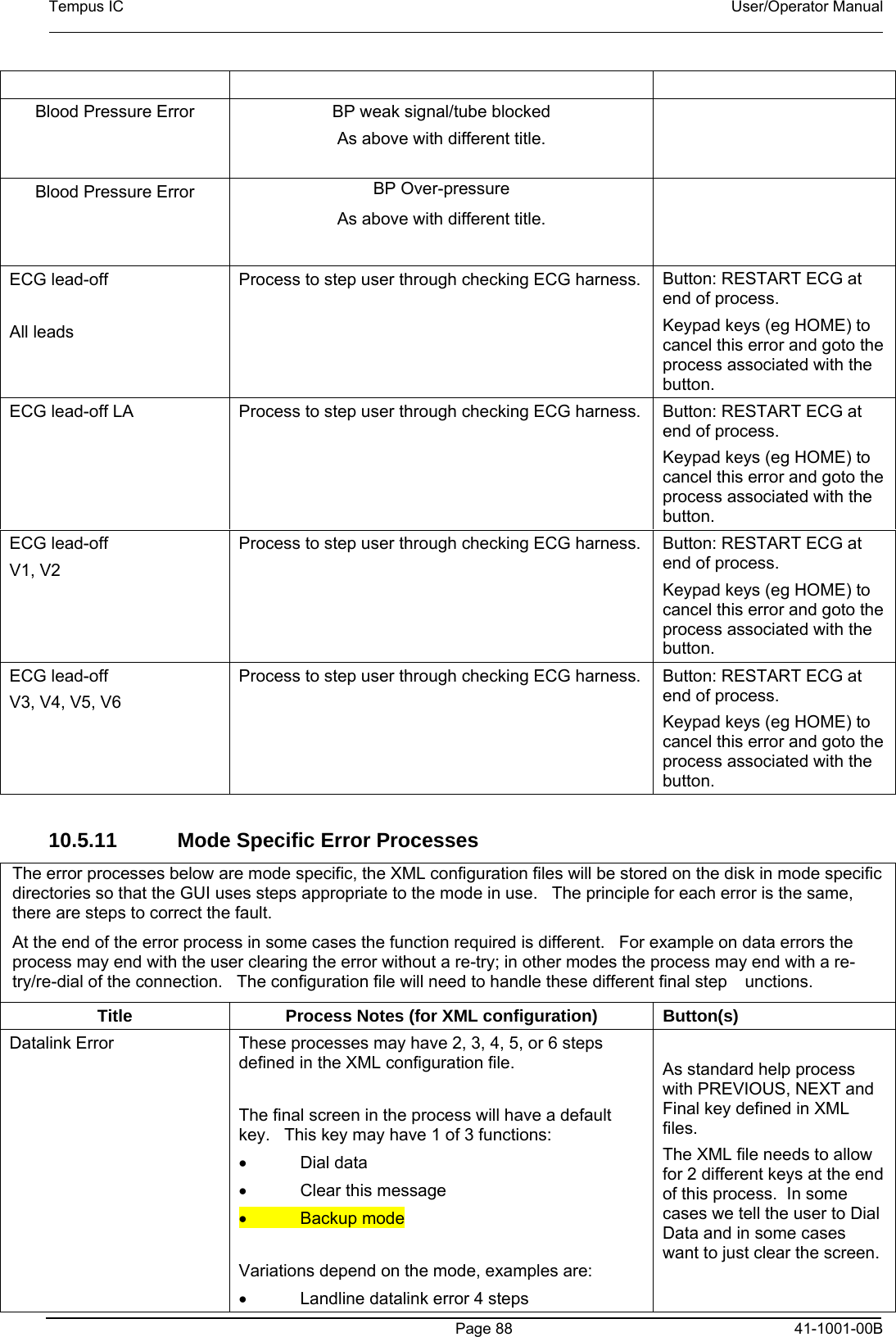 Tempus IC    User/Operator Manual      Page 88   41-1001-00B  Blood Pressure Error BP weak signal/tube blocked As above with different title.   Blood Pressure Error BP Over-pressure As above with different title.   ECG lead-off  All leads Process to step user through checking ECG harness.   Button: RESTART ECG at end of process. Keypad keys (eg HOME) to cancel this error and goto the process associated with the button. ECG lead-off LA Process to step user through checking ECG harness.   Button: RESTART ECG at end of process. Keypad keys (eg HOME) to cancel this error and goto the process associated with the button. ECG lead-off V1, V2 Process to step user through checking ECG harness.   Button: RESTART ECG at end of process. Keypad keys (eg HOME) to cancel this error and goto the process associated with the button. ECG lead-off V3, V4, V5, V6 Process to step user through checking ECG harness.   Button: RESTART ECG at end of process. Keypad keys (eg HOME) to cancel this error and goto the process associated with the button.  10.5.11   Mode Specific Error Processes The error processes below are mode specific, the XML configuration files will be stored on the disk in mode specific directories so that the GUI uses steps appropriate to the mode in use.   The principle for each error is the same, there are steps to correct the fault. At the end of the error process in some cases the function required is different.   For example on data errors the process may end with the user clearing the error without a re-try; in other modes the process may end with a re-try/re-dial of the connection.   The configuration file will need to handle these different final step unctions. Title  Process Notes (for XML configuration)  Button(s) Datalink Error These processes may have 2, 3, 4, 5, or 6 steps defined in the XML configuration file.    The final screen in the process will have a default key.   This key may have 1 of 3 functions: • Dial data •  Clear this message • Backup mode  Variations depend on the mode, examples are: •  Landline datalink error 4 steps  As standard help process with PREVIOUS, NEXT and Final key defined in XML files. The XML file needs to allow for 2 different keys at the end of this process.  In some cases we tell the user to Dial Data and in some cases want to just clear the screen.  