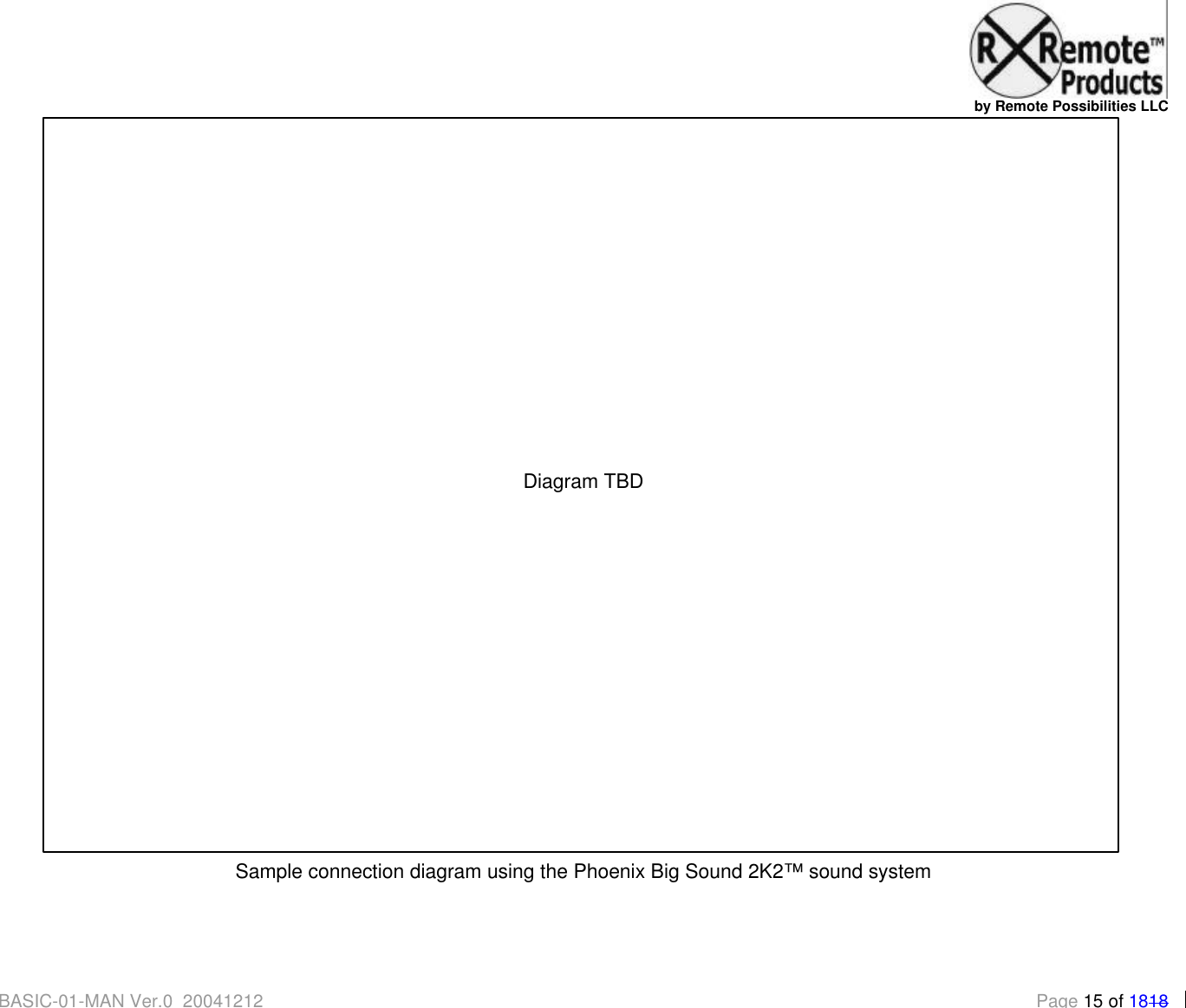   by Remote Possibilities LLC BASIC-01-MAN Ver.0_20041212 Page 15 of 1818  Sample connection diagram using the Phoenix Big Sound 2K2&trade; sound system           Diagram TBD 