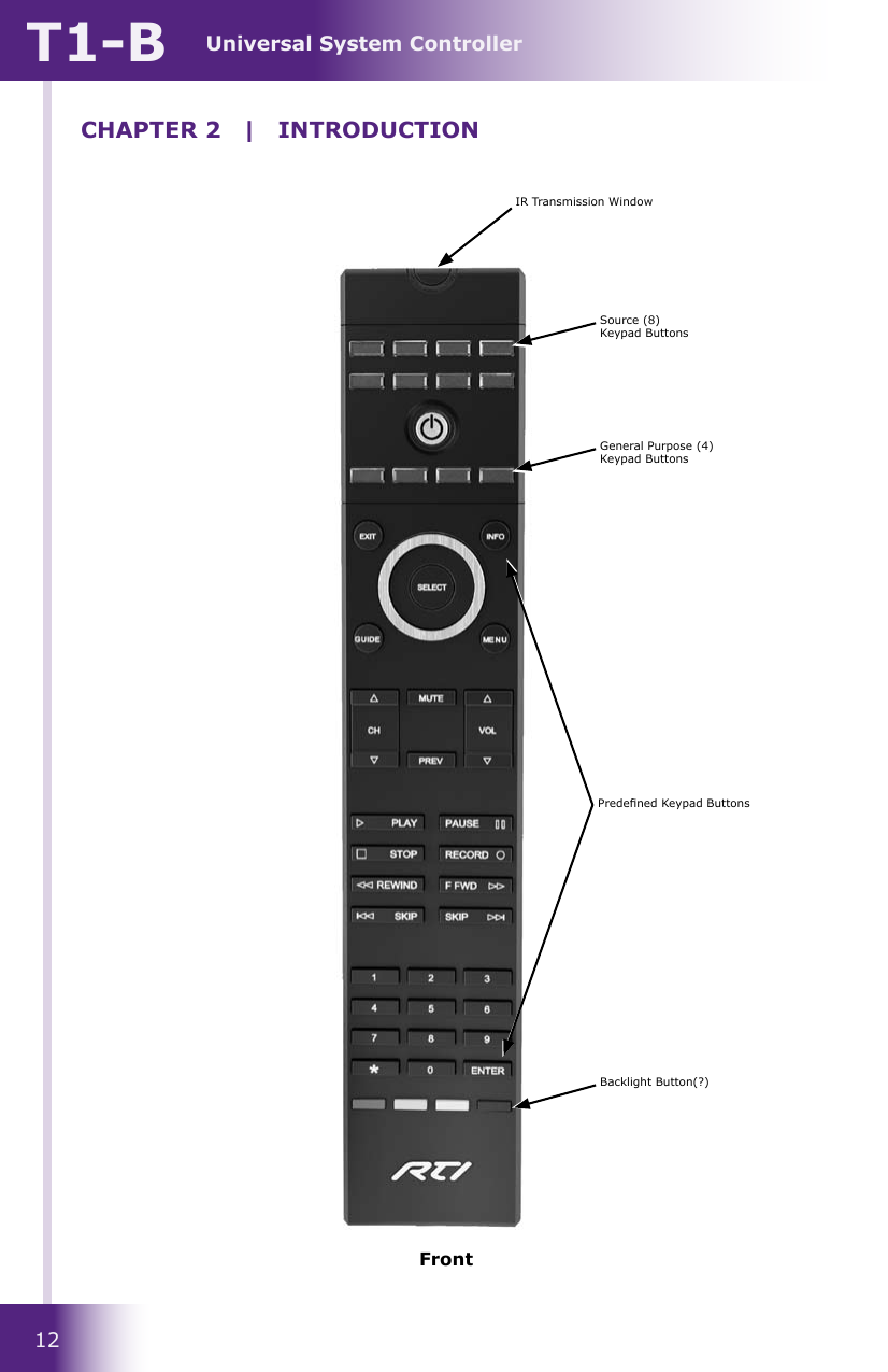 Universal System ControllerT1-B12CHAPTER 2  |  INTRODUCTIONFrontIR Transmission WindowSource (8) Keypad ButtonsGeneral Purpose (4) Keypad ButtonsPredened Keypad ButtonsBacklight Button(?)