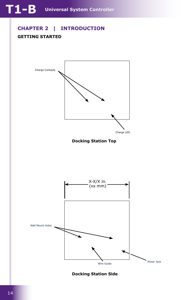 Universal System ControllerT1-B14GETTING STARTEDCHAPTER 2  |  INTRODUCTIONDocking Station Top Docking Station Side Charge ContactsCharge LEDPower JackWire GuideWall Mount HolesX-X/X in. (xx mm)