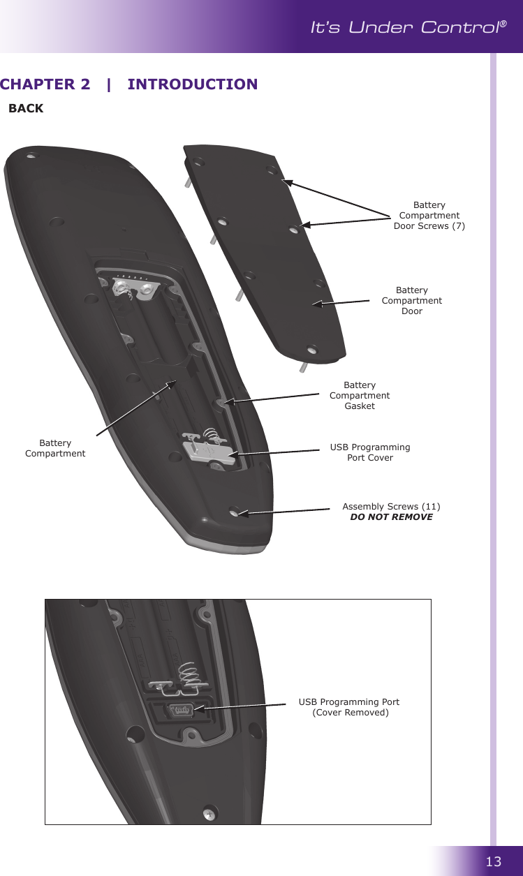 13It’s Under Control®CHAPTER 2  |  INTRODUCTIONBACKUSB Programming Port Cover Battery Compartment GasketBattery CompartmentBattery Compartment DoorBattery Compartment Door Screws (7)USB Programming Port (Cover Removed) Assembly Screws (11)DO NOT REMOVE