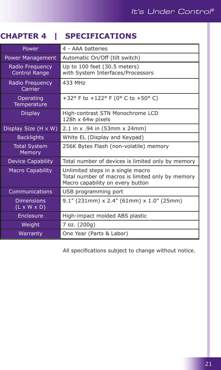 21It’s Under Control®CHAPTER 4  |  SPECIFICATIONSPower 4 - AAA batteriesPower Management Automatic On/Off (tilt switch)Radio Frequency Control RangeUp to 100 feet (30.5 meters) with System Interfaces/ProcessorsRadio Frequency Carrier433 MHzOperating Temperature+32° F to +122° F (0° C to +50° C)Display High-contrast STN Monochrome LCD 128h x 64w pixelsDisplay Size (H x W) 2.1 in x .94 in (53mm x 24mm)Backlights White EL (Display and Keypad)Total System Memory256K Bytes Flash (non-volatile) memoryDevice Capability Total number of devices is limited only by memoryMacro Capability Unlimited steps in a single macro Total number of macros is limited only by memory Macro capability on every buttonCommunications USB programming portDimensions  (L x W x D)9.1” (231mm) x 2.4” (61mm) x 1.0” (25mm)Enclosure High-impact molded ABS plasticWeight 7 oz. (200g) Warranty One Year (Parts &amp; Labor) All specications subject to change without notice.