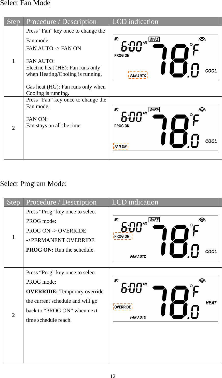 12  Select Fan Mode  Step  Procedure / Description  LCD indication 1 Press “Fan” key once to change the Fan mode: FAN AUTO -&gt; FAN ON  FAN AUTO: Electric heat (HE): Fan runs only when Heating/Cooling is running.  Gas heat (HG): Fan runs only when Cooling is running.   2 Press “Fan” key once to change the Fan mode:  FAN ON:   Fan stays on all the time.      Select Program Mode:  Step  Procedure / Description  LCD indication 1 Press “Prog” key once to select PROG mode: PROG ON -&gt; OVERRIDE -&gt;PERMANENT OVERRIDE PROG ON: Run the schedule.   2 Press “Prog” key once to select PROG mode: OVERRIDE: Temporary override the current schedule and will go back to “PROG ON” when next time schedule reach.       