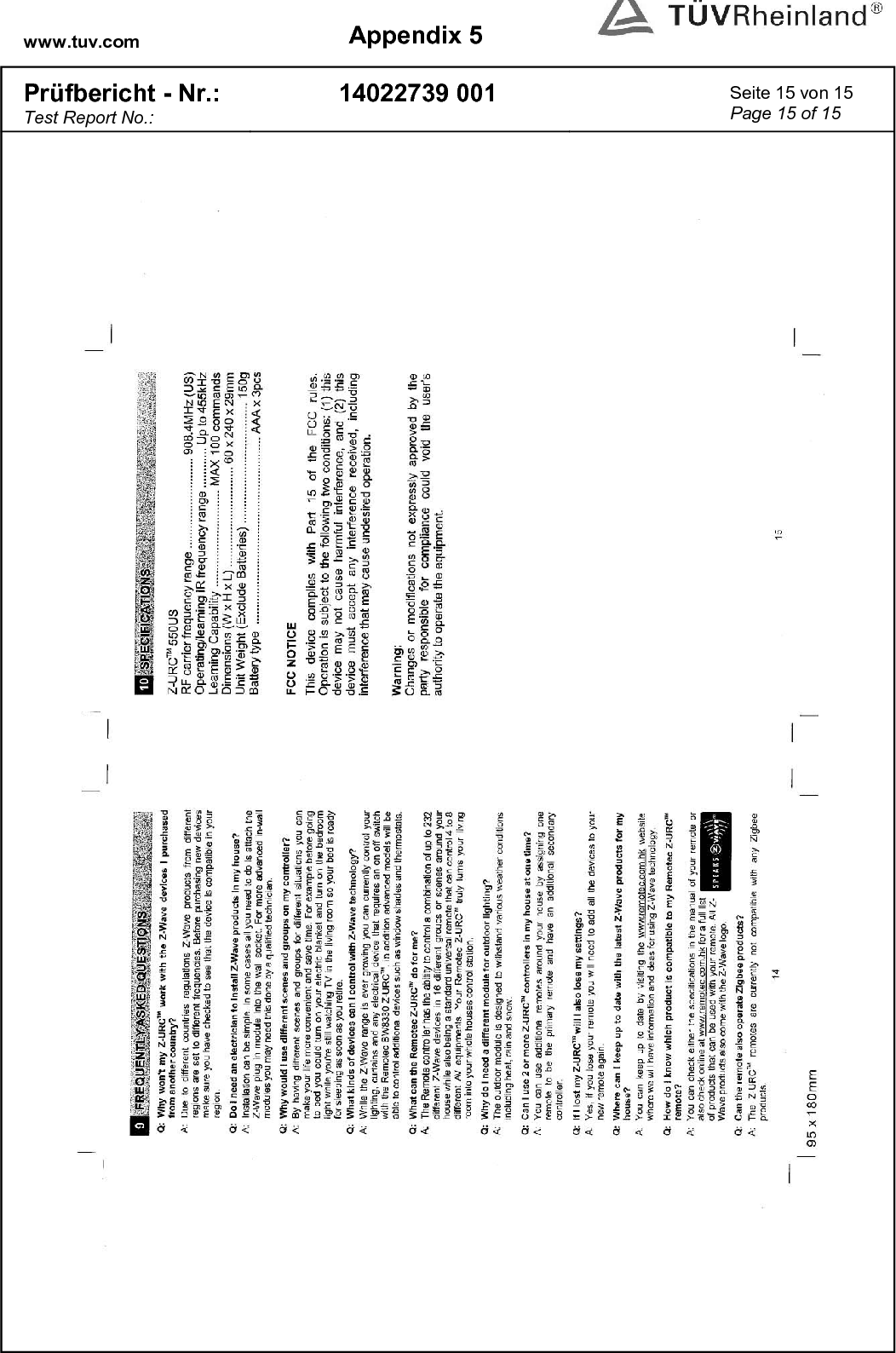 www.tuv.com  Appendix 5  Prüfbericht - Nr.: Test Report No.: 14022739 001  Seite 15 von 15 Page 15 of 15    