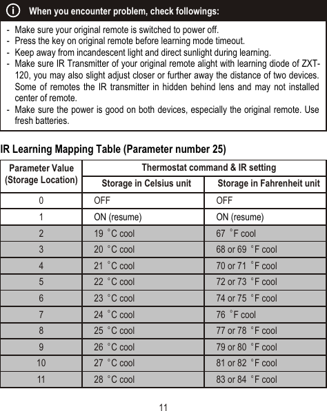 IR Learning Mapping Table (Parameter number 25)- Make sure your original remote is switched to power off.- Press the key on original remote before learning mode timeout.- Keep away from incandescent light and direct sunlight during learning.- Make sure IR Transmitter of your original remote alight with learning diode of ZXT-120, you may also slight adjust closer or further away the distance of two devices. Some of remotes the IR transmitter in hidden behind lens and may not installed center of remote.- Make sure the power is good on both devices, especially the original remote. Use fresh batteries.When you encounter problem, check followings:Parameter Value (Storage Location) Storage in Celsius unit Storage in Fahrenheit unitThermostat command &amp; IR setting0 OFF OFF1ON (resume) ON (resume)2o 19   C cool o 67   F cool3o 20   C cool o 68 or 69   F cool4o 21   C cool o 70 or 71   F cool5o 22   C cool o 72 or 73   F cool6o 23   C cool o 74 or 75   F cool7o 24   C cool o 76   F cool8o 25   C cool o 77 or 78   F cool9o 26   C cool o 79 or 80   F cool10 o 27   C cool o 81 or 82   F cool11 o 28   C cool o 83 or 84   F cool11