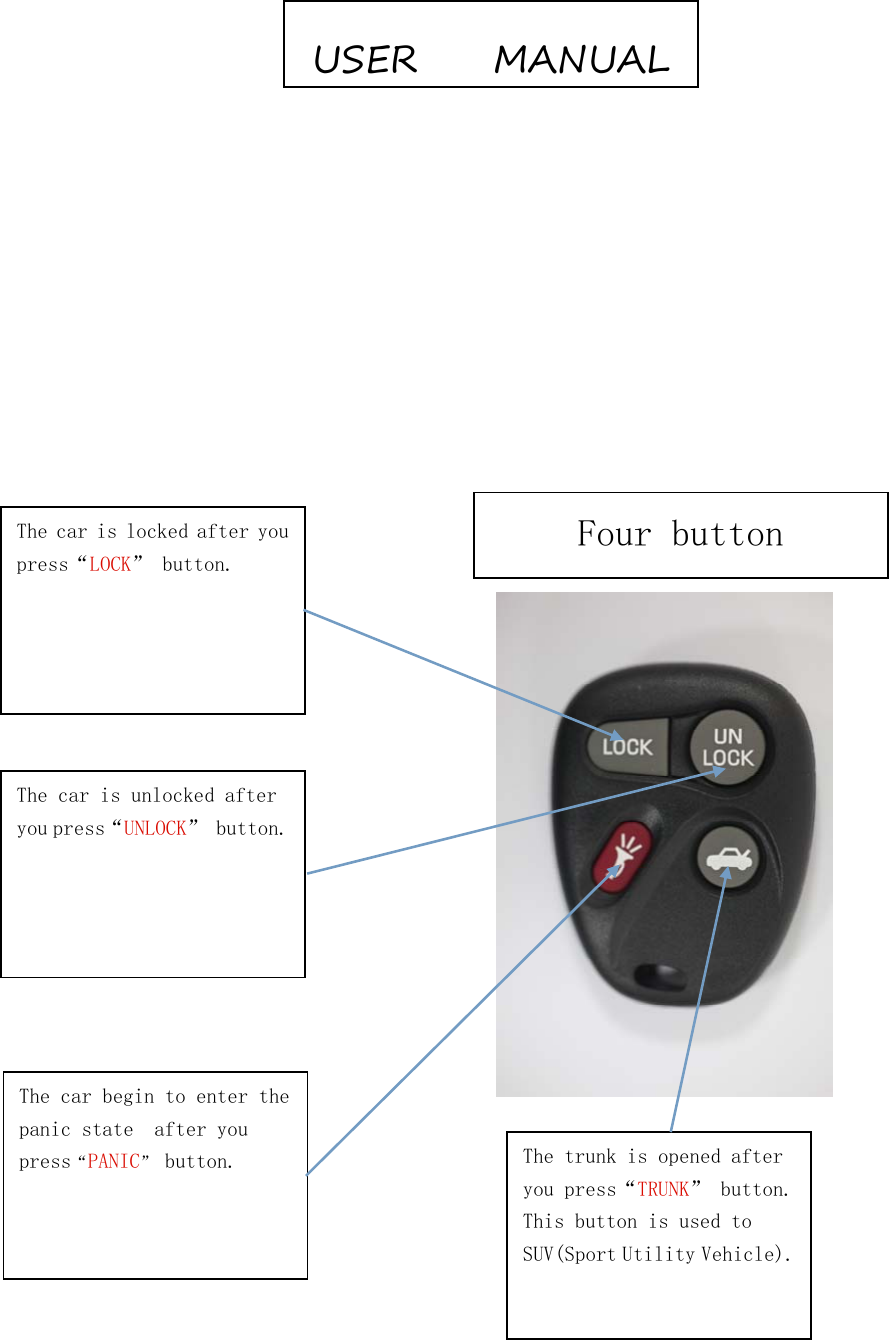 The car is locked after youpress&ldquo;LOCK&rdquo; button.The car is unlocked afteryou press&ldquo;UNLOCK&rdquo; button.The car begin to enter thepanic state after youpress&ldquo;PANIC&rdquo;button. The trunk is opened afteryou press&ldquo;TRUNK&rdquo; button.This button is used toSUV(Sport Utility Vehicle).USER MANUALFour button