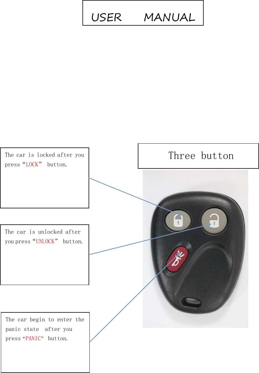The car is locked after youpress&ldquo;LOCK&rdquo; button.The car is unlocked afteryou press&ldquo;UNLOCK&rdquo; button.The car begin to enter thepanic state after youpress&ldquo;PANIC&rdquo;button.USER MANUALThree button