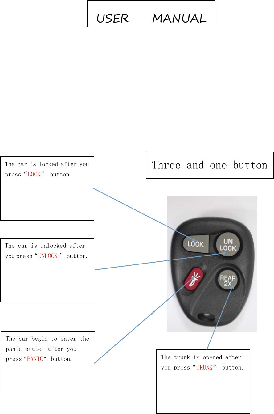 The car is locked after youpress&ldquo;LOCK&rdquo; button.The car is unlocked afteryou press&ldquo;UNLOCK&rdquo; button.The car begin to enter thepanic state after youpress&ldquo;PANIC&rdquo;button. The trunk is opened afteryou press&ldquo;TRUNK&rdquo; button.USER MANUALThree and one button