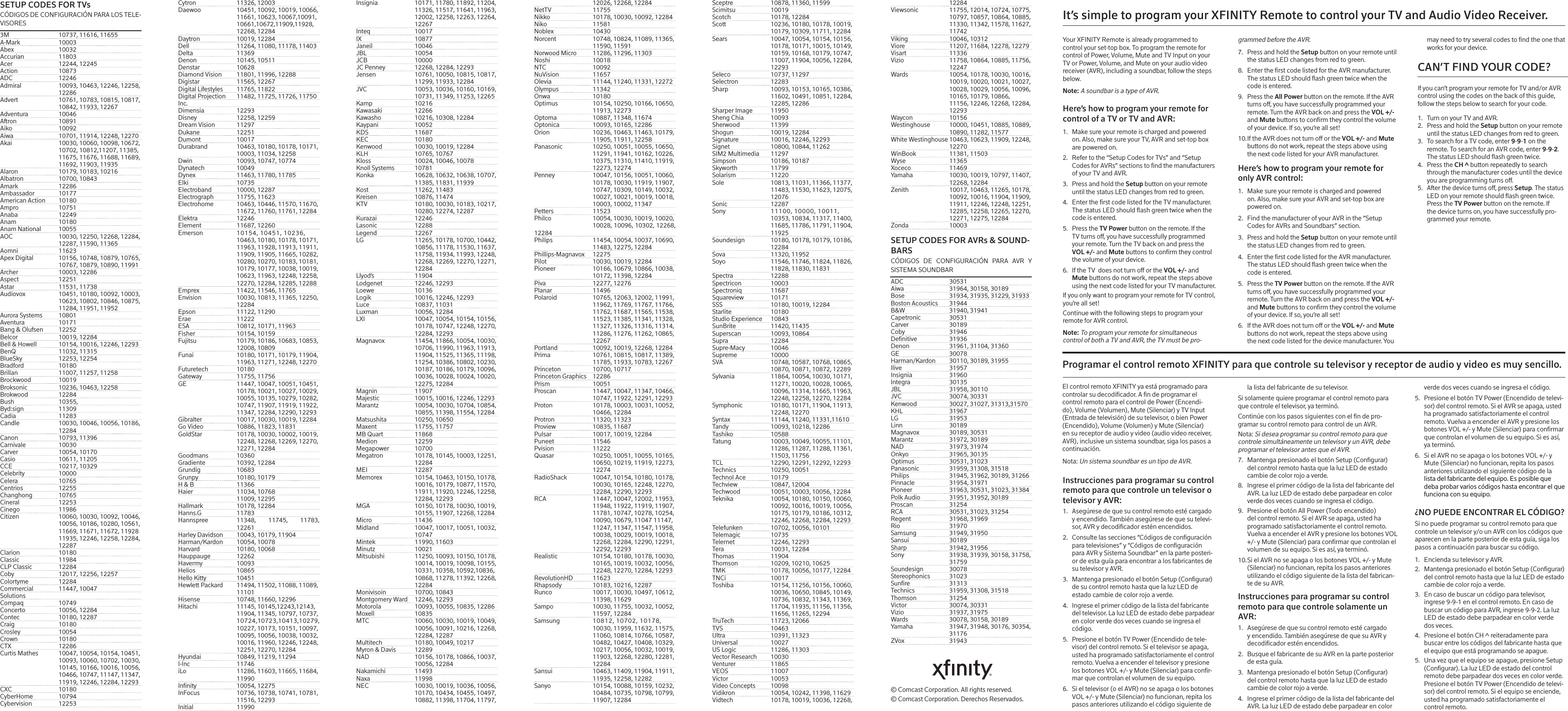 SETUP CODES FOR TVsCÓDIGOS DE CONFIGURACIÓN PARA LOS TELE-VISORES3M  10737, 11616, 11655A-Mark 10003Abex 10032Accurian 11803Acer  12244, 12245Action 10873ADC 12246Admiral  10093, 10463, 12246, 12258,   12286Advert  10761, 10783, 10815, 10817,    10842, 11933, 12267 Adventura 10046Aftron 10891Aiko 10092Aiwa  10701, 11914, 12248, 12270Akai  10030, 10060, 10098, 10672,    10702, 10812,11207, 11385,    11675, 11676, 11688, 11689,    11692, 11903, 11935Alaron  10179, 10183, 10216Albatron  10700, 10843Amark 12286Ambassador 10177American Action  10180Ampro 10751Anaba 12249 Anam 10180Anam National  10055AOC  10030, 12250, 12268, 12284,    12287, 11590, 11365Aomni 11623Apex Digital  10156, 10748, 10879, 10765,    10767, 10879, 10890, 11991Archer  10003, 12286Aspect 12251Astar  11531, 11738Audiovox  10451, 10180, 10092, 10003,    10623, 10802, 10846, 10875,    11284, 11951, 11952Aurora Systems  10801Aventura 10171Bang &amp; Olufsen  12252Belcor  10019, 12284Bell &amp; Howell  10154, 10016, 12246, 12293BenQ  11032, 11315BlueSky  12253, 12254Bradford 10180Brillan  11007, 11257, 11258Brockwood 10019Broksonic  10236, 10463, 12258Brokwood 12284Bush 10355, Byd:sign 11309Cadia 11283Candle  10030, 10046, 10056, 10186,   12284Canon  10793, 11396Carnivale 10030Carver  10054, 10170Casio  10611, 11205CCE  10217, 10329Celebrity 10000Celera 10765Centrios 12255Changhong 10765Cineral 12253Cinego 11986Citizen  10060, 10030, 10092, 10046,    10056, 10186, 10280, 10561,    11669, 11671, 11672, 11928    11935, 12246, 12258, 12284,   12287Clarion 10180Classic 11984CLP Classic  12284Coby  12017, 12256, 12257Colortyme 12284Commercial  11447, 10047Solutions Compaq 10749Concerto  10056, 12284Contec  10180, 12287Craig 10180Crosley 10054 Crown 10180CTX 12286Curtis Mathes  10047, 10054, 10154, 10451,    10093, 10060, 10702, 10030,    10145, 10166, 10016, 10056,    10466, 10747, 11147, 11347,    11919, 12246, 12284, 12293 CXC 10180CyberHome 10794Cybervision 12253Cytron  11326, 12003Daewoo  10451, 10092, 10019, 10066,    11661, 10623, 10067,10091,   10661,10672,11909,11928,    12268, 12284 Daytron  10019, 12284Dell  11264, 11080, 11178, 11403Delta 11369Denon  10145, 10511Denstar 10628Diamond Vision  11801, 11996, 12288Digistar  11565, 12267Digital Lifestyles  11765, 11822Digital Projection  11482, 11725, 11726, 11750Inc. Dimensia 12293Disney  12258, 12259Dream Vision  11297Dukane 12251Dumont 10017Durabrand  10463, 10180, 10178, 10171,    10003, 11034, 12258Dwin  10093, 10747, 10774Dynatech 10049Dynex  11463, 11780, 11785Elki 10735Electroband  10000, 12287Electrograph  11755, 11623Electrohome  10463, 10446, 11570, 11670,    11672, 11760, 11761, 12284Elektra 12246Element  11687, 12260Emerson  10154, 10451, 10236,    10463, 10180, 10178, 10171,    11963, 11928, 11913, 11911,    11909, 11905, 11665, 10282,    10280, 10270, 10183, 10181,    10179, 10177, 10038, 10019,    10623, 11963, 12248, 12258,    12270, 12284, 12285, 12288Emprex  11422, 11546, 11765Envision  10030, 10813, 11365, 12250,   12284Epson  11122, 11290Erae 11222ESA  10812, 10171, 11963Fisher  10154, 10159Fujitsu  10179, 10186, 10683, 10853,    12008, 10809 Funai  10180, 10171, 10179, 11904,    11963, 11271, 12248, 12270Futuretech 10180Gateway  11755, 11756GE  11447, 10047, 10051, 10451,    10178, 10021, 10027, 10029,    10055, 10135, 10279, 10282,    10747, 11907, 11919, 11922,    11347, 12284, 12290, 12293Gibralter  10017, 10030, 10019, 12284Go Video  10886, 11823, 11831GoldStar  10178, 10030, 10002, 10019,    12248, 12268, 12269, 12270,    12271, 12284Goodmans 10360Gradiente  10392, 12284Grundig 10683Grunpy  10180, 10179H &amp; B  11366Haier  11034, 10768  11009, 12295Hallmark  10178, 12284Hanns.G 11783Hannspree  11348, 11745, 11783,   12261Harley Davidson  10043, 10179, 11904Harman/Kardon  10054, 10078Harvard  10180, 10068Hauppauge 12262Havermy 10093Helios 10865Hello Kitty  10451Hewlett Packard  11494, 11502, 11088, 11089,   11101Hisense  10748, 11660, 12296Hitachi  11145, 10145,12243,12143,    11904, 11345, 10797, 10737,   10724,10723,10413,10279,    10227, 10173, 10151, 10097,    10095, 10056, 10038, 10032,    10016, 11960, 12246, 12248,    12251, 12270, 12284Hyundai  10849, 11219, 11294I-Inc 11746iLo  11286, 11603, 11665, 11684,   11990Innity  10054, 12275InFocus  10736, 10738, 10741, 10781,    11516, 12293Initial 11990Insignia  10171, 11780, 11892, 11204,    11326, 11517, 11641, 11963,    12002, 12258, 12263, 12264,   12267Inteq 10017IX 10877Janeil 10046JBL 10054JCB 10000JC Penney  12268, 12284, 12293Jensen  10761, 10050, 10815, 10817,    11299, 11933, 12284JVC  10053, 10036, 10160, 10169,    10731, 11349, 11253, 12265Kamp 10216Kawasaki 12266Kawasho  10216, 10308, 12284Kaypani 10052KDS 11687KEC 10180Kenwood  10030, 10019, 12284KLH  10765, 10767Kloss  10024, 10046, 10078Knoll Systems  10781Konka  10628, 10632, 10638, 10707,    11385, 11831, 11939Kost  11262, 11483Kreisen  10876, 11474KTV  10180, 10030, 10183, 10217,    10280, 12274, 12287Kurazai 12246Lasonic 12288Legend 12267LG  11265, 10178, 10700, 10442,    10856, 11178, 11530, 11637,    11758, 11934, 11993, 12248,    12268, 12269, 12270, 12271,   12284Llyod’s 11904Lodgenet  12246, 12293Loewe 10136Logik  10016, 12246, 12293Luce  10837, 11031Luxman  10056, 12284LXI  10047, 10054, 10154, 10156,    10178, 10747, 12248, 12270,    12284, 12293Magnavox  11454, 11866, 10054, 10030,    10706, 11990, 11963, 11913,    11904, 11525, 11365, 11198,    11254, 10386, 10802, 10230,    10187, 10186, 10179, 10096,    10036, 10028, 10024, 10020,    12275, 12284Magnin 11907Majestic  10015, 10016, 12246, 12293Marantz  10054, 10030, 10704, 10854,    10855, 11398, 11554, 12284Matsushita  10250, 10650Maxent  11755, 11757MB Quart  11868 Medion 12259Megapower 10700Megatron  10178, 10145, 10003, 12251,   12284MEI 12287Memorex  10154, 10463, 10150, 10178,    10016, 10179, 10877, 11570,    11911, 11920, 12246, 12258,    12284, 12293MGA  10150, 10178, 10030, 10019,    10155, 11907, 12268, 12284Micro 11436Midland  10047, 10017, 10051, 10032,   10747Mintek  11990, 11603Minutz 10021Mitsubishi  11250, 10093, 10150, 10178,    10014, 10019, 10098, 10155,    10331, 10358, 10592,10836,    10868, 11278, 11392, 12268,   12284Monivisoin  10700, 10843Montgomery Ward  12246, 12293Motorola  10093, 10055, 10835, 12286Moxell 10835MTC  10060, 10030, 10019, 10049,    10056, 10091, 10216, 12268,    12284, 12287Multitech  10180, 10049, 10217Myron &amp; Davis  12289NAD  10156, 10178, 10866, 10037,    10056, 12284Nakamichi 11493Naxa 11998NEC  10030, 10019, 10036, 10056,    10170, 10434, 10455, 10497,    10882, 11398, 11704, 11797,    12026, 12268, 12284NetTV 11755Nikko  10178, 10030, 10092, 12284Niko 11581Noblex 10430Norcent  10748, 10824, 11089, 11365,    11590, 11591Norwood Micro  11286, 11296, 11303Noshi 10018NTC 10092NuVision 11657Olevia  11144, 11240, 11331, 12272Olympus 11342Onwa 10180Optimus  10154, 10250, 10166, 10650,    11913, 12273Optoma  10887, 11348, 11674Optonica  10093, 10165, 12286Orion  10236, 10463, 11463, 10179,    11905, 11911, 12258Panasonic  10250, 10051, 10055, 10650,    11291, 11941, 10162, 10226,    10375, 11310, 11410, 11919,    12273, 12274Penney  10047, 10156, 10051, 10060,    10178, 10030, 11919, 11907,    10747, 10309, 10149, 10032,    10027, 10021, 10019, 10018,    10003, 10002, 11347Petters 11523Philco  10054, 10030, 10019, 10020,    10028, 10096, 10302, 12268, 12284Philips  11454, 10054, 10037, 10690,    11483, 12275, 12284Phillips-Magnavox 12275Pilot  10030, 10019, 12284Pioneer  10166, 10679, 10866, 10038,    10172, 11398, 12284Piva  12277, 12276Planar 11496Polaroid  10765, 12063, 12002, 11991,    11962, 11769, 11767, 11766,    11762, 11687, 11565, 11538,    11523, 11385, 11341, 11328,    11327, 11326, 11316, 11314,    11286, 11276, 11262, 10865,   12267Portland  10092, 10019, 12268, 12284Prima  10761, 10815, 10817, 11389,    11785, 11933, 10783, 12267Princeton  10700, 10717Princeton Graphics   12286Prism 10051Proscan  11447, 10047, 11347, 10466,    10747, 11922, 12291, 12293Proton  10178, 10003, 10031, 10052,    10466, 12284Protron  11320, 11323Proview  10835, 11687Pulsar  10017, 10019, 12284Puneet 11546Pvision 11222Quasar  10250, 10051, 10055, 10165,    10650, 10219, 11919, 12273,   12274RadioShack  10047, 10154, 10180, 10178,    10030, 10165, 12248, 12270,    12284, 12290, 12293RCA  11447, 10047, 12002, 11953,    11948, 11922, 11919, 11907,    11781, 10747, 10278, 10254,    10090, 10679, 11047 11147,    11247, 11347, 11547, 11958,    10038, 10029, 10019, 10018,    12268, 12284, 12290, 12291,    12292, 12293Realistic  10154, 10180, 10178, 10030,    10165, 10019, 10032, 10056,    12248, 12270, 12284, 12293RevolutionHD 11623Rhapsody  10183, 10216, 12287Runco  10017, 10030, 10497, 10612,    11398, 11629Sampo  10030, 11755, 10032, 10052,    11597, 12284Samsung  10812, 10702, 10178,    10030, 11959, 11632, 11575,    11060, 10814, 10766, 10587,    10482, 10427, 10408, 10329,    10217, 10056, 10032, 10019,    11903, 12268, 12280, 12281,   12284Sansui  10463, 11409, 11904, 11911,    11935, 12258, 12282Sanyo  10154, 10088, 10159, 10232,    10484, 10735, 10798, 10799,    11907, 12284Sceptre  10878, 11360, 11599Scimitsu 10019Scotch  10178, 12284Scott  10236, 10180, 10178, 10019,    10179, 10309, 11711, 12284Sears  10047, 10054, 10154, 10156,    10178, 10171, 10015, 10149,    10159, 10168, 10179, 10747,    11007, 11904, 10056, 12284,   12293Seleco  10737, 11297Selectron 12283Sharp  10093, 10153, 10165, 10386,    11602, 10491, 10851, 12284,    12285, 12286Sharper Image  11950Sheng Chia  10093Sherwood 11399Shogun  10019, 12284Signature  10016, 12246, 12293Signet  10800, 10844, 11262SIM2 Multimedia  11297Simpson  10186, 10187Skyworth 11799Solarism 11220Sole  10813, 11031, 11366, 11377,    11483, 11530, 11623, 12075,   12076Sonic 12287Sony  11100, 10000, 10011,    10353, 10834, 11317, 11400,    11685, 11786, 11791, 11904,   11925Soundesign   10180, 10178, 10179, 10186,   12284Sova  11320, 11952Soyo  11546, 11746, 11824, 11826,    11828, 11830, 11831Spectra 12288Spectricon   10003Spectroniq 11687Squareview   10171SSS  10180, 10019, 12284Starlite 10180Studio Experience  10843SunBrite  11420, 11435Superscan  10093, 10864Supra 12284Supre-Macy 10046Supreme 10000SVA  10748, 10587, 10768, 10865,    10870, 10871, 10872, 12289Sylvania  11864, 10054, 10030, 10171,    11271, 10020, 10028, 10065,    10096, 11314, 11665, 11963,    12248, 12258, 12270, 12284Symphonic  10180, 10171, 11904, 11913,    12248, 12270Syntax  11144, 11240, 11331,11610Tandy  10093, 10218, 12286Tashiko 10588Tatung  10003, 10049, 10055, 11101,    11286, 11287, 11288, 11361,    11503, 11756TCL  12290, 12291, 12292, 12293Technics  10250, 10051Technol Ace  10179Techview  10847, 12004Techwood  10051, 10003, 10056, 12284Teknika  10054, 10180, 10150, 10060,    10092, 10016, 10019, 10056,    10175, 10179, 10186, 10312,    12246, 12268, 12284, 12293Telefunken  10702, 10056, 10101Telemagic 10735Telernet  12246, 12293Tera  10031, 12284Thomas 11904Thomson  10209, 10210, 10625TMK  10178, 10056, 10177, 12284TNCi 10017Toshiba  10154, 11256, 10156, 10060,    10036, 10650, 10845, 10149,    10736, 10832, 11343, 11369,    11704, 11935, 11156, 11356,    11656, 11265, 12294TruTech  11723, 12066TVS 10463Ultra  10391, 11323Universal 10027US Logic  11286, 11303Vector Research  10030Venturer 11865VEOS 11007Victor 10053Video Concepts  10098Vidikron  10054, 10242, 11398, 11629Vidtech  10178, 10019, 10036, 12268,  © Comcast Corporation. All rights reserved. © Comcast Corporation. Derechos Reservados.  12284Viewsonic  11755, 12014, 10724, 10775,    10797, 10857, 10864, 10885,    11330, 11342, 11578, 11627,   11742Viking  10046, 10312Viore  11207, 11684, 12278, 12279Visart 11336Vizio  11758, 10864, 10885, 11756,   12247Wards  10054, 10178, 10030, 10016,    10019, 10020, 10021, 10027,    10028, 10029, 10056, 10096,    10165, 10179, 10866,      11156, 12246, 12268, 12284,   12293 Waycon 10156Westinghouse  10000, 10451, 10885, 10889,    10890, 11282, 11577White Westinghouse 10463, 10623, 11909, 12248,   12270WinBook  11381, 11503Wyse 11365Xoceco 11469Yamaha  10030, 10019, 10797, 11407,    12268, 12284Zenith  10017, 10463, 11265, 10178,    10092, 10016, 11904, 11909,    11911, 12246, 12248, 12251,    12285, 12258, 12265, 12270,    12271, 12275, 12284Zonda 10003SETUP CODES FOR AVRs &amp; SOUND-BARSCÓDIGOS DE CONFIGURACIÓN PARA AVR Y SISTEMA SOUNDBARADC 30531Aiwa  31964, 30158, 30189Bose  31934, 31935, 31229, 31933Boston Acoustics  31944B&amp;W  31940, 31941Capetronic 30531Carver 30189Coby 31946Denitive 31936Denon  31961, 31104, 31360GE 30078Harman/Kardon  30110, 30189, 31955Ilive 31957Insignia 31960Integra 30135JBL  31958, 30110JVC  30074, 30331Kenwood  30027, 31027, 31313,31570KHL 31967LG 31953Linn 30189Magnavox  30189, 30531Marantz  31972, 30189NAD  31973, 31974Onkyo  31965, 30135Optimus  30531, 31023Panasonic  31959, 31308, 31518Philips  31945, 31962, 30189, 31266Pinnacle  31954, 31971Pioneer  31963, 30531, 31023, 31384Polk Audio   31951, 31952, 30189Proscan 31254RCA  30531, 31023, 31254Regent  31968, 31969Rio 31970Samsung  31949, 31950Sansui 30189Sharp  31942, 31956Sony  31938, 31939, 30158, 31758,   31759Soundesign 30078Stereophonics 31023Sunre 31313Technics  31959, 31308, 31518Thomson 31254Victor  30074, 30331Vizio  31937, 31975Wards  30078, 30158, 30189Yamaha  31947, 31948, 30176, 30354,   31176ZVox 31943It’s simple to program your XFINITY Remote to control your TV and Audio Video Receiver.Your XFINITY Remote is already programmed to control your set-top box. To program the remote for control of Power, Volume, Mute and TV Input on your TV or Power, Volume, and Mute on your audio video receiver (AVR), including a soundbar, follow the steps below. Note: A soundbar is a type of AVR. Here’s how to program your remote for control of a TV or TV and AVR:1.  Make sure your remote is charged and powered on. Also, make sure your TV, AVR and set-top box are powered on. 2.  Refer to the “Setup Codes for TVs” and “Setup Codes for AVRs” sections to nd the manufacturers of your TV and AVR.   3.  Press and hold the Setup button on your remote until the status LED changes from red to green. 4.  Enter the rst code listed for the TV manufacturer. The status LED should ash green twice when the code is entered. 5.  Press the TV Power button on the remote. If the TV turns o, you have successfully programmed your remote. Turn the TV back on and press the VOL+/- and Mute buttons to conrm they control the volume of your device. 6.  If the TV  does not turn o or the VOL +/- and Mute buttons do not work, repeat the steps above using the next code listed for your TV manufacturer.If you only want to program your remote for TV control, you’re all set! Continue with the following steps to program your remote for AVR control.Note: To program your remote for simultaneous control of both a TV and AVR, the TV must be pro-If you can’t program your remote for TV and/or AVR control using the codes on the back of this guide, follow the steps below to search for your code.1.  Turn on your TV and AVR.2.  Press and hold the Setup button on your remote until the status LED changes from red to green. 3.  To search for a TV code, enter 9-9-1 on the remote. To search for an AVR code, enter 9-9-2. The status LED should ash green twice. 4.  Press the CH ^ button repeatedly to search through the manufacturer codes until the device you are programming turns o. 5.  After the device turns o, press Setup. The status LED on your remote should ash green twice. Press the TV Power button on the remote. If the device turns on, you have successfully pro-grammed your remote. grammed before the AVR. 7.  Press and hold the Setup button on your remote until the status LED changes from red to green. 8.  Enter the rst code listed for the AVR manufacturer. The status LED should ash green twice when the code is entered. 9.  Press the All Power button on the remote. If the AVR turns o, you have successfully programmed your remote. Turn the AVR back on and press the VOL +/- and Mute buttons to conrm they control the volume of your device. If so, you’re all set!10. If the AVR does not turn o or the VOL +/- and Mute buttons do not work, repeat the steps above using the next code listed for your AVR manufacturer. Here’s how to program your remote for only AVR control: 1.  Make sure your remote is charged and powered on. Also, make sure your AVR and set-top box are powered on. 2.  Find the manufacturer of your AVR in the “Setup Codes for AVRs and Soundbars” section. 3.  Press and hold the Setup button on your remote until the status LED changes from red to green. 4.  Enter the rst code listed for the AVR manufacturer. The status LED should ash green twice when the code is entered. 5.  Press the TV Power button on the remote. If the AVR turns o, you have successfully programmed your remote. Turn the AVR back on and press the VOL +/- and Mute buttons to conrm they control the volume of your device. If so, you’re all set!6.  If the AVR does not turn o or the VOL +/- and Mute buttons do not work, repeat the steps above using the next code listed for the device manufacturer. You may need to try several codes to nd the one that works for your device. CAN’T FIND YOUR CODE? Programar el control remoto XFINITY para que controle su televisor y receptor de audio y video es muy sencillo.El control remoto XFINITY ya está programado para controlar su decodicador. A n de programar el control remoto para el control de Power (Encendi-do), Volume (Volumen), Mute (Silenciar) y TV Input (Entrada de televisión) de su televisor, o bien Power (Encendido), Volume (Volumen) y Mute (Silenciar) en su receptor de audio y video (audio video receiver, AVR), inclusive un sistema soundbar, siga los pasos a continuación.Nota: Un sistema soundbar es un tipo de AVR. Instrucciones para programar su control remoto para que controle un televisor o televisor y AVR:1.  Asegúrese de que su control remoto esté cargado y encendido. También asegúrese de que su televi-sor, AVR y decodicador estén encendidos.2.  Consulte las secciones “Códigos de conguración para televisiones” y “Códigos de conguración para AVR y Sistema Soundbar” en la parte posteri-or de esta guía para encontrar a los fabricantes de su televisor y AVR. 3.  Mantenga presionado el botón Setup (Congurar) de su control remoto hasta que la luz LED de estado cambie de color rojo a verde. 4.  Ingrese el primer código de la lista del fabricante del televisor. La luz LED de estado debe parpadear en color verde dos veces cuando se ingresa el código. 5.  Presione el botón TV Power (Encendido de tele-visor) del control remoto. Si el televisor se apaga, usted ha programado satisfactoriamente el control remoto. Vuelva a encender el televisor y presione los botones VOL +/- y Mute (Silenciar) para conr-mar que controlan el volumen de su equipo. 6.  Si el televisor (o el AVR) no se apaga o los botones VOL +/- y Mute (Silenciar) no funcionan, repita los pasos anteriores utilizando el código siguiente de la lista del fabricante de su televisor. Si solamente quiere programar el control remoto para que controle el televisor, ya terminó. Continúe con los pasos siguientes con el n de pro-gramar su control remoto para control de un AVR.Nota: Si desea programar su control remoto para que controle simultáneamente un televisor y un AVR, debe programar el televisor antes que el AVR. 7.  Mantenga presionado el botón Setup (Congurar) del control remoto hasta que la luz LED de estado cambie de color rojo a verde. 8.  Ingrese el primer código de la lista del fabricante del AVR. La luz LED de estado debe parpadear en color verde dos veces cuando se ingresa el código. 9.  Presione el botón All Power (Todo encendido) del control remoto. Si el AVR se apaga, usted ha programado satisfactoriamente el control remoto. Vuelva a encender el AVR y presione los botones VOL +/- y Mute (Silenciar) para conrmar que controlan el volumen de su equipo. Si es así, ya terminó.10. Si el AVR no se apaga o los botones VOL +/- y Mute (Silenciar) no funcionan, repita los pasos anteriores utilizando el código siguiente de la lista del fabrican-te de su AVR.Instrucciones para programar su control remoto para que controle solamente un AVR: 1.  Asegúrese de que su control remoto esté cargado y encendido. También asegúrese de que su AVR y decodicador estén encendidos.2.  Busque el fabricante de su AVR en la parte posterior de esta guía. 3.  Mantenga presionado el botón Setup (Congurar) del control remoto hasta que la luz LED de estado cambie de color rojo a verde. 4.  Ingrese el primer código de la lista del fabricante del AVR. La luz LED de estado debe parpadear en color verde dos veces cuando se ingresa el código. 5.  Presione el botón TV Power (Encendido de televi-sor) del control remoto. Si el AVR se apaga, usted ha programado satisfactoriamente el control remoto. Vuelva a encender el AVR y presione los botones VOL +/- y Mute (Silenciar) para conrmar que controlan el volumen de su equipo. Si es así, ya terminó.6.  Si el AVR no se apaga o los botones VOL +/- y Mute (Silenciar) no funcionan, repita los pasos anteriores utilizando el siguiente código de la lista del fabricante del equipo. Es posible que deba probar varios códigos hasta encontrar el que funciona con su equipo.¿NO PUEDE ENCONTRAR EL CÓDIGO? Si no puede programar su control remoto para que controle un televisor y/o un AVR con los códigos que aparecen en la parte posterior de esta guía, siga los pasos a continuación para buscar su código.1.  Encienda su televisor y AVR.2.  Mantenga presionado el botón Setup (Congurar) del control remoto hasta que la luz LED de estado cambie de color rojo a verde. 3.  En caso de buscar un código para televisor, ingrese 9-9-1 en el control remoto. En caso de buscar un código para AVR, ingrese 9-9-2. La luz LED de estado debe parpadear en color verde dos veces. 4.  Presione el botón CH ^ reiteradamente para buscar entre los códigos del fabricante hasta que el equipo que está programando se apague. 5.  Una vez que el equipo se apague, presione Setup (Congurar). La luz LED de estado del control remoto debe parpadear dos veces en color verde. Presione el botón TV Power (Encendido de televi-sor) del control remoto. Si el equipo se enciende, usted ha programado satisfactoriamente el control remoto.