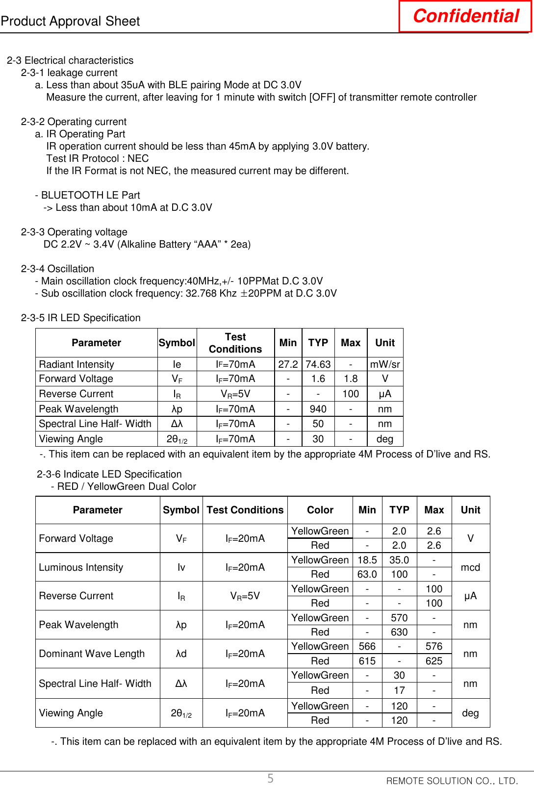 REMOTE SOLUTION CO., LTD.Product Approval Sheet Confidential2-3 Electrical characteristics 2-3-1 leakage currenta. Less than about 35uA with BLE pairing Mode at DC 3.0VMeasure the current, after leaving for 1 minute with switch [OFF] of transmitter remote controller2-3-2 Operating currenta. IR Operating PartIR operation current should be less than 45mA by applying 3.0V battery.Test IR Protocol : NECIf the IR Format is not NEC, the measured current may be different.- BLUETOOTH LE Part-&gt; Less than about 10mA at D.C 3.0V2-3-3 Operating voltage DC 2.2V ~ 3.4V (Alkaline Battery “AAA” * 2ea)2-3-4 Oscillation - Main oscillation clock frequency:40MHz,+/- 10PPMat D.C 3.0V- Sub oscillation clock frequency: 32.768 Khz ±20PPM at D.C 3.0V2-3-5 IR LED SpecificationParameter Symbol Test Conditions Min TYP Max UnitRadiant Intensity Ie IF=70mA 27.2 74.63  - mW/srForward Voltage VFIF=70mA - 1.6  1.8  VReverse Current IRVR=5V - - 100 µAPeak Wavelength λp IF=70mA - 940 - nmSpectral Line Half- Width ∆λ IF=70mA - 50 - nmViewing Angle  2θ1/2 IF=70mA - 30 - degParameter Symbol Test Conditions Color Min TYP Max UnitForward Voltage VFIF=20mA YellowGreen - 2.0 2.6 VRed - 2.0 2.6 Luminous Intensity Iv IF=20mA YellowGreen 18.5 35.0 - mcdRed 63.0 100 -Reverse Current IRVR=5V YellowGreen - - 100 µARed - - 100Peak Wavelength λp IF=20mA YellowGreen - 570 - nmRed - 630 -Dominant Wave Length λd IF=20mA YellowGreen 566 - 576 nmRed 615 - 625Spectral Line Half- Width ∆λ IF=20mA YellowGreen - 30 - nmRed - 17 -Viewing Angle  2θ1/2 IF=20mA YellowGreen - 120 - degRed - 120 -52-3-6 Indicate LED Specification- RED / YellowGreen Dual Color-. This item can be replaced with an equivalent item by the appropriate 4M Process of D’live and RS.-. This item can be replaced with an equivalent item by the appropriate 4M Process of D’live and RS.