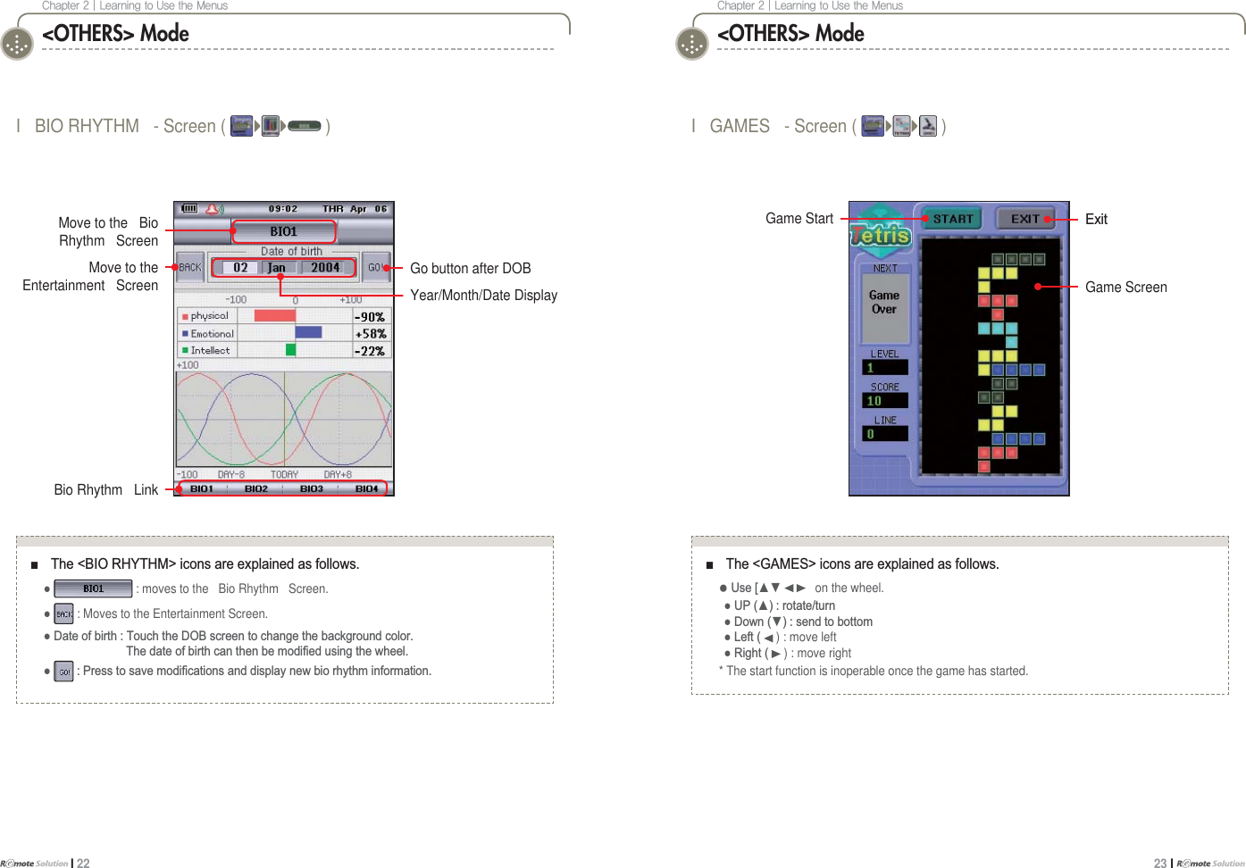 $IBQUFS]-FBSOJOHUP6TFUIF.FOVTI 22$IBQUFS]-FBSOJOHUP6TFUIF.FOVT23 I I GAMES - Screen ( )I BIO RHYTHM - Screen ( )&lt;OTHERS&gt; Mode &lt;OTHERS&gt; ModeMove to theEntertainment ScreenŶ 7KH%,25+&lt;7+0!LFRQVDUHH[SODLQHGDVIROORZVƔ : moves to the Bio Rhythm Screen.Ɣ : Moves to the Entertainment Screen. Ɣ&apos;DWHRIELUWK7RXFKWKH&apos;2%VFUHHQWRFKDQJHWKHEDFNJURXQGFRORU   7KHGDWHRIELUWKFDQWKHQEHPRGL¿HGXVLQJWKHZKHHOƔ 3UHVVWRVDYHPRGL¿FDWLRQVDQGGLVSOD\QHZELRUK\WKPLQIRUPDWLRQBio Rhythm LinkMove to the BioRhythm ScreenGo button after DOBYear/Month/Date DisplayGame Start ([LWŶ 7KH*$0(6!LFRQVDUHH[SODLQHGDVIROORZVƔ8VH&gt;Ÿź on the wheel.  Ɣ83ŸURWDWHWXUQ  Ɣ&apos;RZQźVHQGWRERWWRP  Ɣ/HIW ) : move left  Ɣ5LJKW ) : move right* The start function is inoperable once the game has started.Game Screen