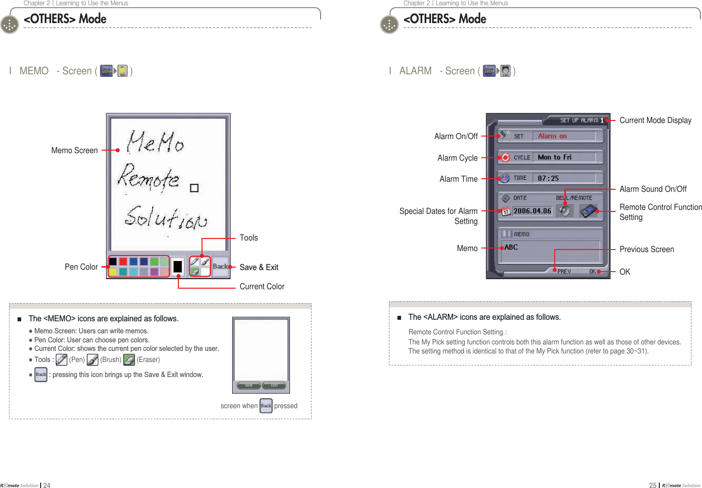 $IBQUFS]-FBSOJOHUP6TFUIF.FOVTI 24$IBQUFS]-FBSOJOHUP6TFUIF.FOVT25 I I MEMO - Screen ( ) I ALARM - Screen ( )Memo ScreenPen Color&lt;OTHERS&gt; Mode&lt;OTHERS&gt; Mode6DYH([LWToolsCurrent ColorŶ 7KH0(02!LFRQVDUHH[SODLQHGDVIROORZV Ɣ0HPR6FUHHQ8VHUVFDQZULWHPHPRV Ɣ3HQ&amp;RORU8VHUFDQFKRRVHSHQFRORUV Ɣ&amp;XUUHQW&amp;RORUVKRZVWKHFXUUHQWSHQFRORUVHOHFWHGE\WKHXVHU Ɣ7RROV (Pen) (Brush) (Eraser)Ɣ SUHVVLQJWKLVLFRQEULQJVXSWKH6DYH([LWZLQGRZscreen when pressedAlarm On/Off  Alarm CycleCurrent Mode DisplayŶ 7KH$/$50!LFRQVDUHH[SODLQHGDVIROORZV Remote Control Function Setting : The My Pick setting function controls both this alarm function as well as those of other devices. The setting method is identical to that of the My Pick function (refer to page 30~31).Alarm TimeSpecial Dates for AlarmSettingMemoRemote Control FunctionSettingAlarm Sound On/OffOKPrevious Screen