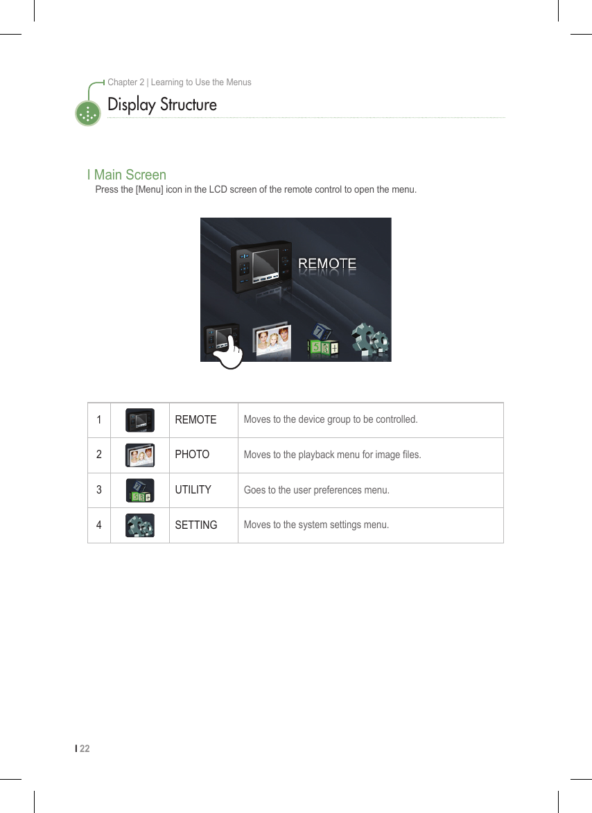I 22Chapter 2 | Learning to Use the MenusDisplay StructureI Main ScreenPress the [Menu] icon in the LCD screen of the remote control to open the menu.1 REMOTE Moves to the device group to be controlled.2 PHOTO Moves to the playback menu for image files.3 UTILITY Goes to the user preferences menu.4 SETTING Moves to the system settings menu.    