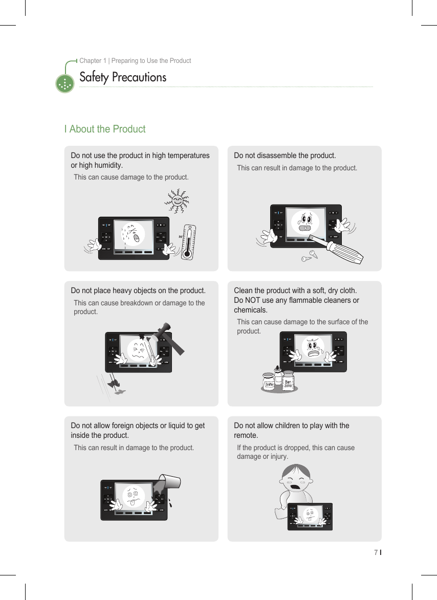 7 I Chapter 1 | Preparing to Use the ProductSafety PrecautionsI About the ProductDo not allow foreign objects or liquid to get inside the product.This can result in damage to the product.Do not allow children to play with the remote.If the product is dropped, this can cause damage or injury.Do not place heavy objects on the product.This can cause breakdown or damage to the product.Clean the product with a soft, dry cloth. Do NOT use any ammable cleaners or chemicals.This can cause damage to the surface of the product.Do not use the product in high temperatures or high humidity.This can cause damage to the product.Do not disassemble the product.This can result in damage to the product.