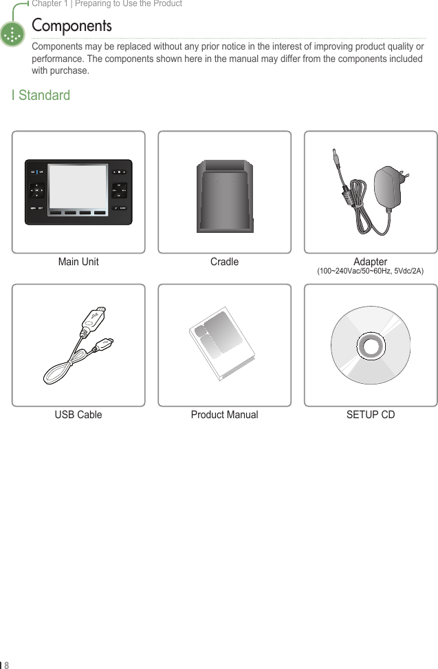 I 8Chapter 1 | Preparing to Use the ProductComponentsComponents may be replaced without any prior notice in the interest of improving product quality or performance. The components shown here in the manual may differ from the components included with purchase.I StandardCradleMain Unit Adapter(100~240Vac/50~60Hz, 5Vdc/2A)USB Cable Product Manual SETUP CD