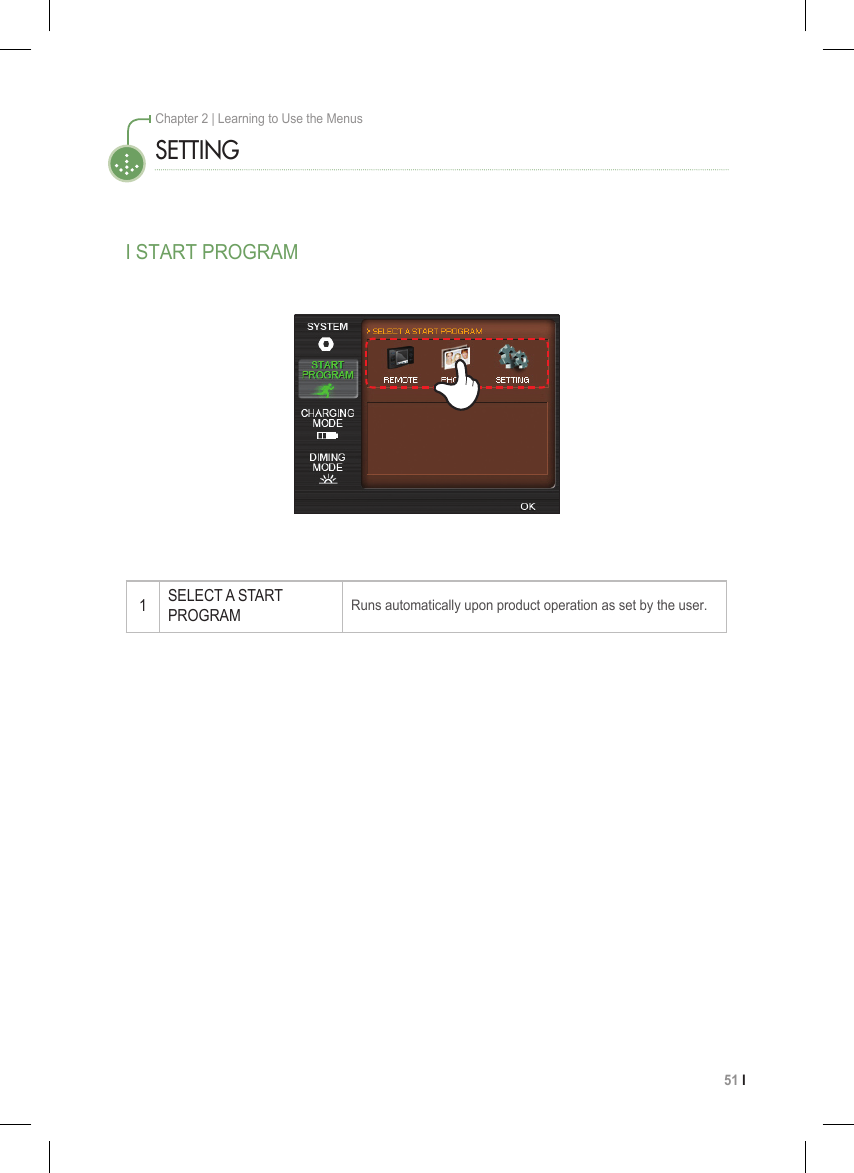 51 I Chapter 2 | Learning to Use the MenusSETTINGI START PROGRAM1SELECT A START PROGRAMRuns automatically upon product operation as set by the user. 