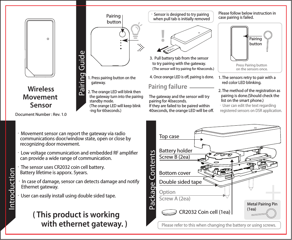 Press Pairing button on the sensors once.PairingbuttonCR2032 Coin cell (1ea)Metal Pairing Pin(1ea)1. The sensors retry to pair with a     red color LED blinking.2. The method of the registration as    pairing is done.(Should check the    list on the smart phone.)・User can edit the text regarding   registered sensors on DSR application.The gateway and the sensor will try pairing for 40seconds. If they are failed to be paired within 40seconds, the orange LED will be o.3.  Pull battery tab from the sensor    to try pairing with the gateway.   (The sensor will try pairing for 40seconds.)4. Once orange LED is o, pairing is done.1. Press pairing button on the     gateway.2. The orange LED will blink then   the gateway turn into the pairing   standby mode.  (The orange LED will keep blink  -ing for 60seconds.)Please refer to this when changing the battery or using screws.・Sensor is designed to try pairing     when pull tab is initially removedPairing failurePairing button!Please follow below instruction in case pairing is failed.( This product is working      with ethernet gateway. )Pairing GuideDocument Number : Rev. 1.0IntroductionPackage ContentsBottom coverTop caseScrew B (2ea)Double sided tapeBattery holderOptionScrew A (2ea)WirelessMovement Sensor・Movement sensor can report the gateway via radio     communications door/window state, open or close by     recognizing door movement.・Low voltage communication and embedded RF amplier     can provide a wide range of communication.・The sensor uses CR2032 coin cell battery.     Battery lifetime is apporx. 5years. ・In case of damage, sensor can detects damage and notify      Ethernet gateway.・User can easily install using double sided tape.