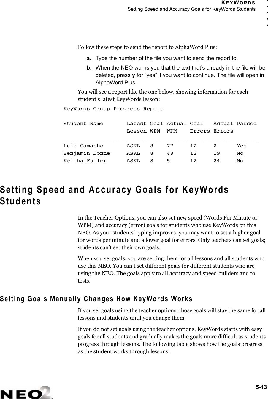 KEYWORDSSetting Speed and Accuracy Goals for KeyWords Students5-13. . . . .Follow these steps to send the report to AlphaWord Plus:a. Type the number of the file you want to send the report to.b. When the NEO warns you that the text that’s already in the file will be deleted, press y for “yes” if you want to continue. The file will open in AlphaWord Plus.You will see a report like the one below, showing information for each student’s latest KeyWords lesson:Setting Speed and Accuracy Goals for KeyWords StudentsIn the Teacher Options, you can also set new speed (Words Per Minute or WPM) and accuracy (error) goals for students who use KeyWords on this NEO. As your students’ typing improves, you may want to set a higher goal for words per minute and a lower goal for errors. Only teachers can set goals; students can’t set their own goals.When you set goals, you are setting them for all lessons and all students who use this NEO. You can’t set different goals for different students who are using the NEO. The goals apply to all accuracy and speed builders and to tests. Setting Goals Manually Changes How KeyWords WorksIf you set goals using the teacher options, those goals will stay the same for all lessons and students until you change them.If you do not set goals using the teacher options, KeyWords starts with easy goals for all students and gradually makes the goals more difficult as students progress through lessons. The following table shows how the goals progress as the student works through lessons.KeyWords Group Progress ReportStudent Name       Latest Goal Actual Goal   Actual Passed                   Lesson WPM  WPM    Errors Errors       __________________________________________________________Luis Camacho       ASKL   8    77     12     2      Yes  Benjamin Donne     ASKL   8    48     12     19     No   Keisha Fuller      ASKL   8    5      12     24     No 