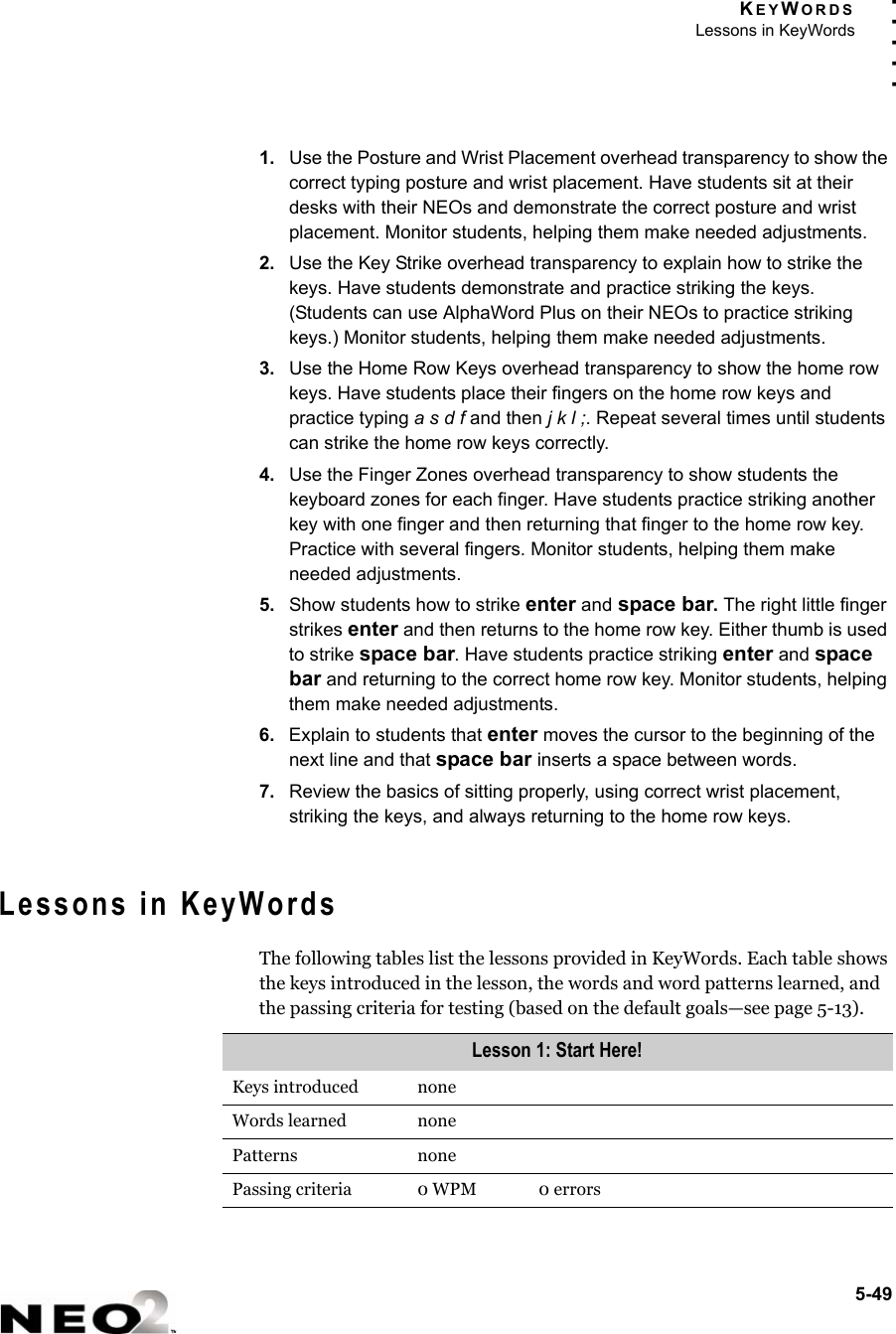 KEYWORDSLessons in KeyWords5-49. . . . .1. Use the Posture and Wrist Placement overhead transparency to show the correct typing posture and wrist placement. Have students sit at their desks with their NEOs and demonstrate the correct posture and wrist placement. Monitor students, helping them make needed adjustments. 2. Use the Key Strike overhead transparency to explain how to strike the keys. Have students demonstrate and practice striking the keys. (Students can use AlphaWord Plus on their NEOs to practice striking keys.) Monitor students, helping them make needed adjustments.3. Use the Home Row Keys overhead transparency to show the home row keys. Have students place their fingers on the home row keys and practice typing a s d f and then j k l ;. Repeat several times until students can strike the home row keys correctly. 4. Use the Finger Zones overhead transparency to show students the keyboard zones for each finger. Have students practice striking another key with one finger and then returning that finger to the home row key. Practice with several fingers. Monitor students, helping them make needed adjustments.5. Show students how to strike enter and space bar. The right little finger strikes enter and then returns to the home row key. Either thumb is used to strike space bar. Have students practice striking enter and space bar and returning to the correct home row key. Monitor students, helping them make needed adjustments.6. Explain to students that enter moves the cursor to the beginning of the next line and that space bar inserts a space between words.7. Review the basics of sitting properly, using correct wrist placement, striking the keys, and always returning to the home row keys.Lessons in KeyWordsThe following tables list the lessons provided in KeyWords. Each table shows the keys introduced in the lesson, the words and word patterns learned, and the passing criteria for testing (based on the default goals—see page 5-13).Lesson 1: Start Here!Keys introduced noneWords learned nonePatterns nonePassing criteria 0 WPM 0 errors