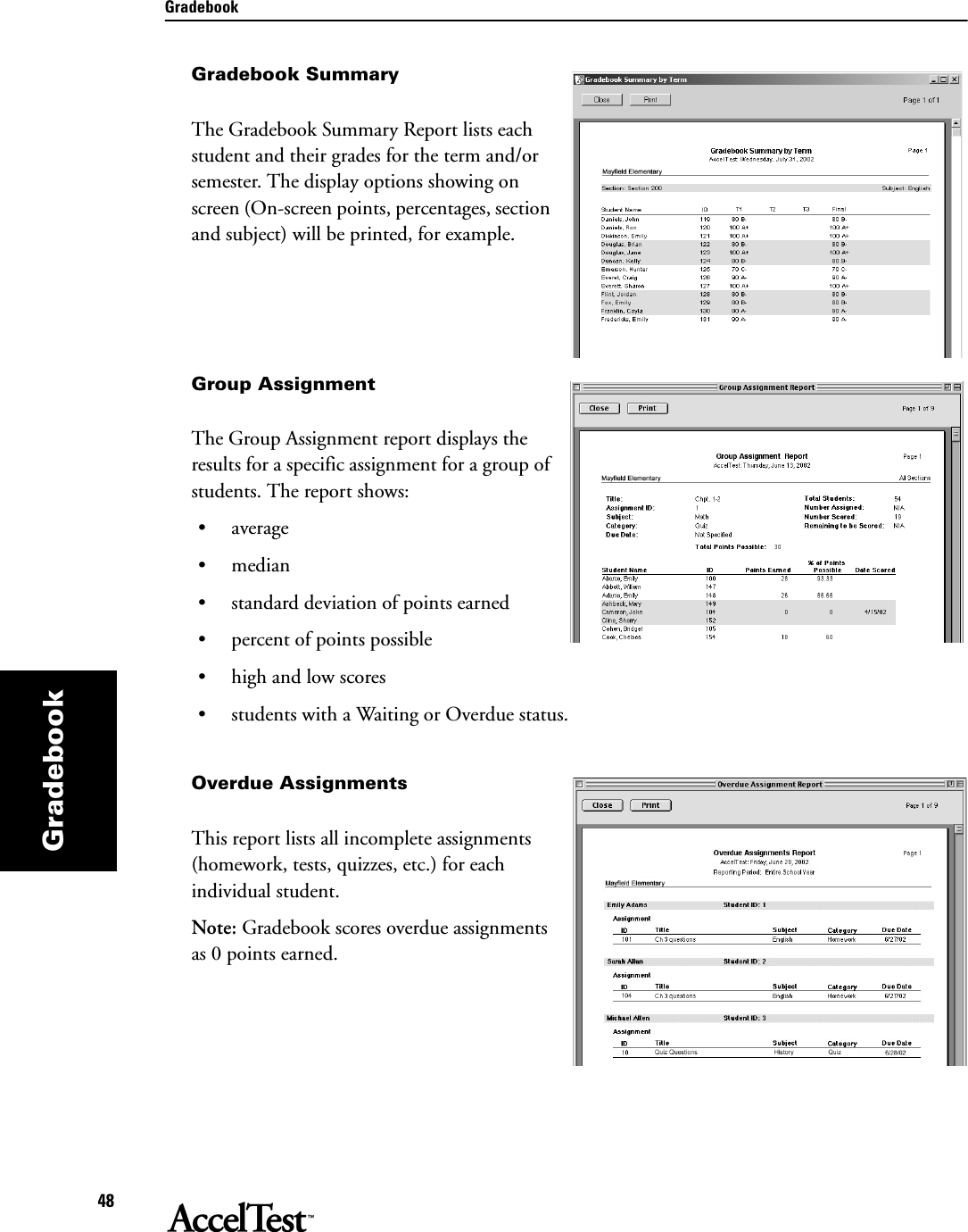 Gradebook48GradebookGradebook SummaryThe Gradebook Summary Report lists each student and their grades for the term and/or semester. The display options showing on screen (On-screen points, percentages, section and subject) will be printed, for example. Group AssignmentThe Group Assignment report displays the results for a specific assignment for a group of students. The report shows:•average•median• standard deviation of points earned• percent of points possible•high and low scores • students with a Waiting or Overdue status.Overdue AssignmentsThis report lists all incomplete assignments (homework, tests, quizzes, etc.) for each individual student. Note: Gradebook scores overdue assignments as 0 points earned.