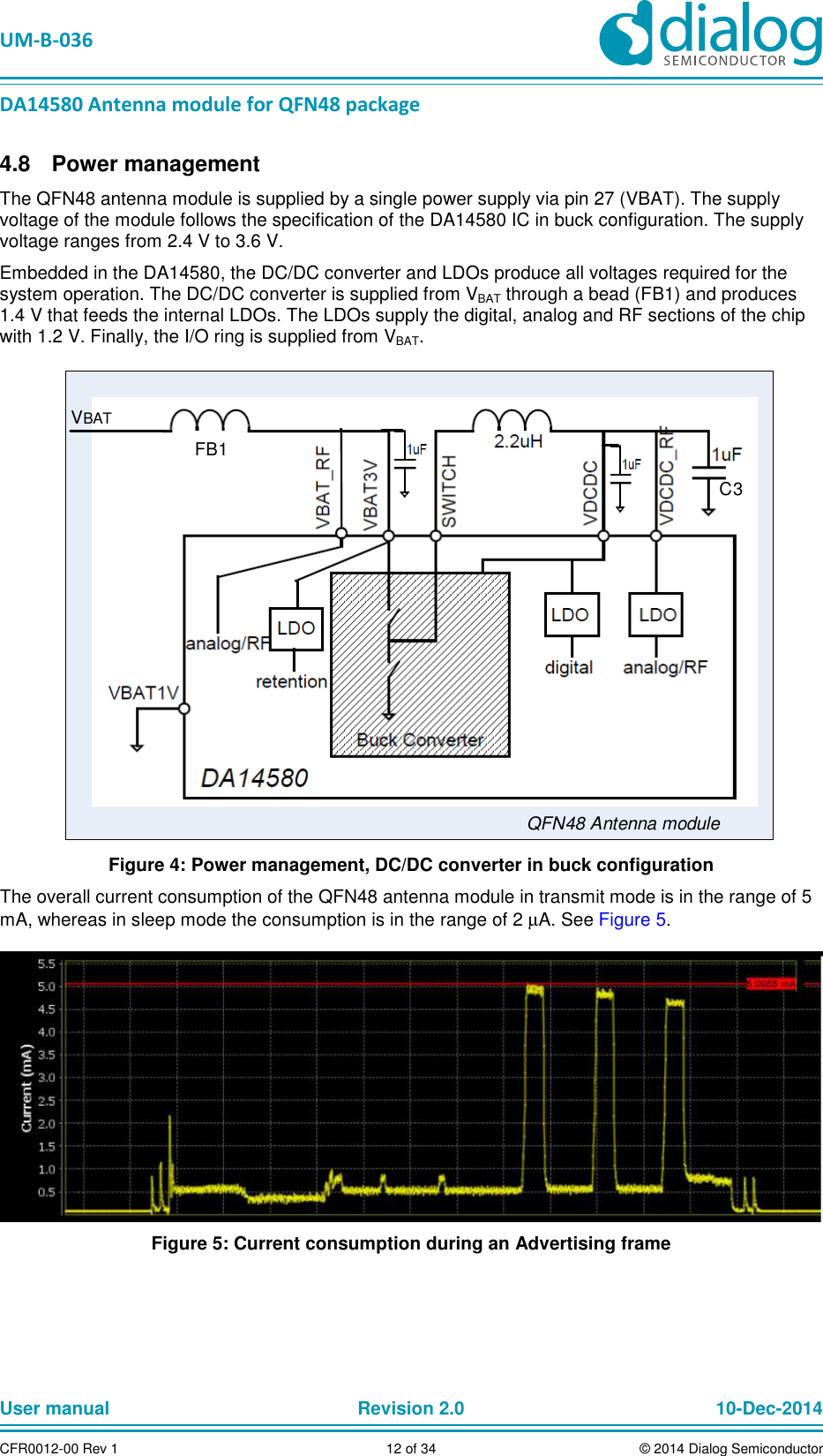 UM-B-036 DA14580 Antenna module for QFN48 package User manual Revision 2.0 10-Dec-2014CFR0012-00 Rev 1 12 of 34 © 2014 Dialog Semiconductor Power management 4.8The QFN48 antenna module is supplied by a single power supply via pin 27 (VBAT). The supply voltage of the module follows the specification of the DA14580 IC in buck configuration. The supply voltage ranges from 2.4 V to 3.6 V. Embedded in the DA14580, the DC/DC converter and LDOs produce all voltages required for the system operation. The DC/DC converter is supplied from VBAT through a bead (FB1) and produces 1.4 V that feeds the internal LDOs. The LDOs supply the digital, analog and RF sections of the chip with 1.2 V. Finally, the I/O ring is supplied from VBAT. FB1VBATC3QFN48 Antenna module Figure 4: Power management, DC/DC converter in buck configuration The overall current consumption of the QFN48 antenna module in transmit mode is in the range of 5 mA, whereas in sleep mode the consumption is in the range of 2 µA. See Figure 5. Figure 5: Current consumption during an Advertising frame