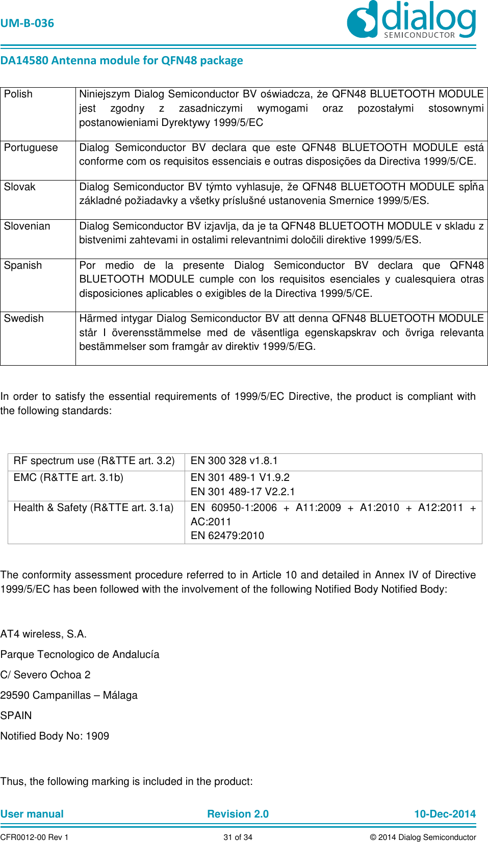 UM-B-036 DA14580 Antenna module for QFN48 package User manual Revision 2.0 10-Dec-2014CFR0012-00 Rev 1 31 of 34 © 2014 Dialog SemiconductorPolish Niniejszym Dialog Semiconductor BV oświadcza, że QFN48 BLUETOOTH MODULE jest zgodny z zasadniczymi wymogami oraz pozostałymi stosownymi postanowieniami Dyrektywy 1999/5/EC Portuguese Dialog Semiconductor BV declara que este QFN48 BLUETOOTH MODULE está conforme com os requisitos essenciais e outras disposições da Directiva 1999/5/CE. Slovak Dialog Semiconductor BV týmto vyhlasuje, že QFN48 BLUETOOTH MODULE spĺňa základné požiadavky a všetky príslušné ustanovenia Smernice 1999/5/ES. Slovenian Dialog Semiconductor BV izjavlja, da je ta QFN48 BLUETOOTH MODULE v skladu z bistvenimi zahtevami in ostalimi relevantnimi določili direktive 1999/5/ES. Spanish Por medio de la presente Dialog Semiconductor BV declara que QFN48 BLUETOOTH MODULE cumple con los requisitos esenciales y cualesquiera otras disposiciones aplicables o exigibles de la Directiva 1999/5/CE. Swedish Härmed intygar Dialog Semiconductor BV att denna QFN48 BLUETOOTH MODULE står I överensstämmelse med de väsentliga egenskapskrav och övriga relevanta bestämmelser som framgår av direktiv 1999/5/EG. In order to satisfy the essential requirements of 1999/5/EC Directive, the product is compliant with the following standards: RF spectrum use (R&TTE art. 3.2) EN 300 328 v1.8.1 EMC (R&TTE art. 3.1b) EN 301 489-1 V1.9.2 EN 301 489-17 V2.2.1 Health & Safety (R&TTE art. 3.1a) EN 60950-1:2006 + A11:2009 + A1:2010 + A12:2011 + AC:2011 EN 62479:2010 The conformity assessment procedure referred to in Article 10 and detailed in Annex IV of Directive 1999/5/EC has been followed with the involvement of the following Notified Body Notified Body: AT4 wireless, S.A. Parque Tecnologico de Andalucía C/ Severo Ochoa 2 29590 Campanillas – Málaga SPAIN Notified Body No: 1909 Thus, the following marking is included in the product: