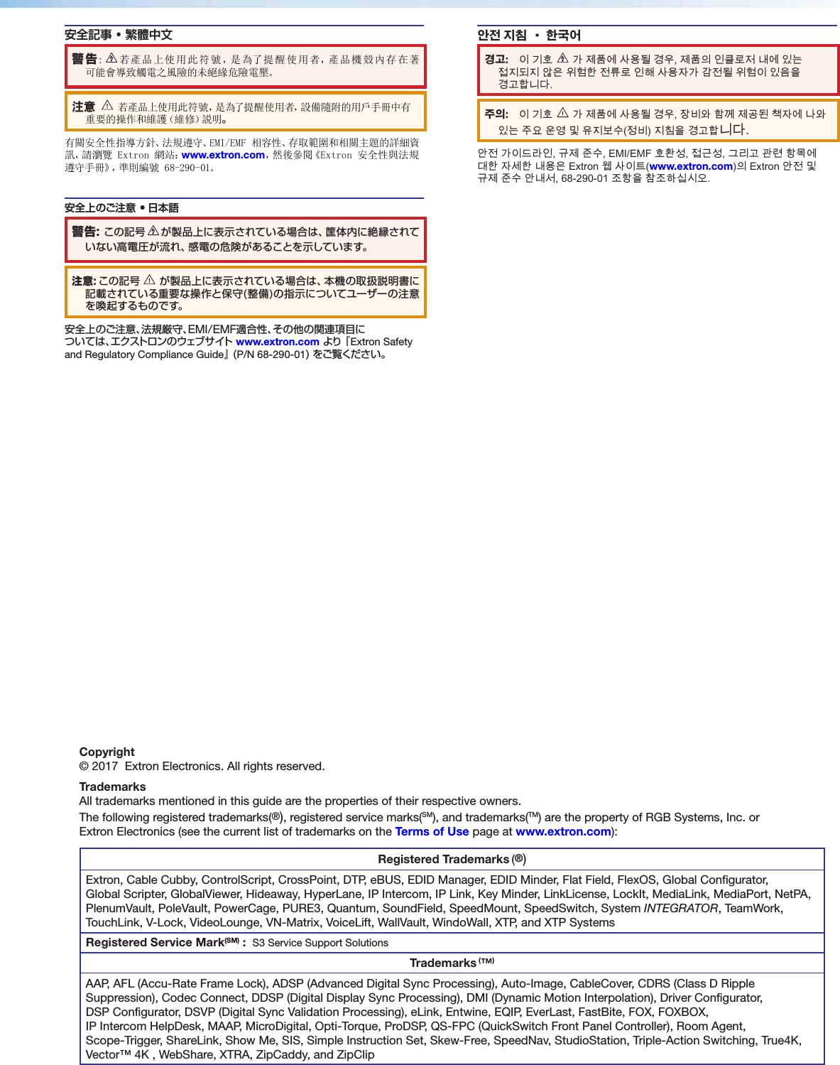 Copyright© 2017 Extron Electronics. All rights reserved.TrademarksAll trademarks mentioned in this guide are the properties of their respective owners.The following registered trademarks(®), registered service marks(SM), and trademarks(TM) are the property of RGBSystems, Inc. or ExtronElectronics (see the current list of trademarks on the Terms of Use page at www.extron.com):Registered Trademarks (®)Extron, Cable Cubby, ControlScript, CrossPoint, DTP, eBUS, EDID Manager, EDID Minder, Flat Field, FlexOS, Global Configurator, GlobalScripter, GlobalViewer, Hideaway, HyperLane, IPIntercom, IPLink, KeyMinder, LinkLicense, LockIt, MediaLink, MediaPort, NetPA, PlenumVault, PoleVault, PowerCage, PURE3, Quantum, SoundField, SpeedMount, SpeedSwitch, SystemINTEGRATOR, TeamWork, TouchLink, V-Lock, VideoLounge, VN-Matrix, VoiceLift, WallVault, WindoWall, XTP, and XTPSystemsRegistered Service Mark(SM) : S3 Service Support SolutionsTrademarks (™)AAP, AFL (Accu-RateFrameLock), ADSP(Advanced Digital Sync Processing), Auto-Image, CableCover, CDRS(ClassD Ripple Suppression), Codec Connect, DDSP(Digital Display Sync Processing), DMI (DynamicMotionInterpolation), DriverConfigurator, DSPConfigurator, DSVP(Digital Sync Validation Processing), eLink, Entwine, EQIP, EverLast, FastBite, FOX, FOXBOX, IP Intercom HelpDesk, MAAP, MicroDigital, Opti-Torque, ProDSP, QS-FPC(QuickSwitch Front Panel Controller), Room Agent, Scope-Trigger, ShareLink, Show Me, SIS, SimpleInstructionSet, Skew-Free, SpeedNav, StudioStation, Triple-Action Switching, True4K, Vector™ 4K , WebShare, XTRA, ZipCaddy, and ZipClip안전 지침 • 한국어 경고: 이 기호 가 제품에 사용될 경우, 제품의 인클로저 내에 있는 접지되지 않은 위험한 전류로 인해 사용자가 감전될 위험이 있음을 경고합니다.주의: 이 기호 가 제품에 사용될 경우, 장비와 함께 제공된 책자에 나와 있는 주요 운영 및 유지보수(정비) 지침을 경고합니다.안전 가이드라인, 규제 준수, EMI/EMF 호환성, 접근성, 그리고 관련 항목에 대한 자세한 내용은 Extron 웹 사이트(www.extron.com)의 Extron 안전 및 규제 준수 안내서, 68-290-01 조항을 참조하십시오. 安全記事 • 繁體中文 警告:若產品上使用此符號,是為了提醒使用者,產品機殼內存在著 可能會導致觸電之風險的未絕緣危險電壓。注意 若產品上使用此符號,是為了提醒使用者,設備隨附的用戶手冊中有重要的操作和維護(維修)説明。有關安全性指導方針、法規遵守、EMI/EMF 相容性、存取範圍和相關主題的詳細資訊,請瀏覽 Extron 網站:www.extron.com,然後參閱《Extron 安全性與法規遵守手冊》,準則編號 68-290-01。安全上のご注意 • 日本語 警告: この記号 が製品上に表示されている場合は、筐体内に絶縁されて いない高電圧が流れ、感電の危険があることを示しています。注意:この記号 が製品上に表示されている場合は、本機の取扱説明書に 記載されている重要な操作と保守(整備)の指示についてユーザーの注意を喚起するものです。安全上のご注意、法規厳守、EMI/EMF適合性、その他の関連項目に つ い て は 、エ ク スト ロ ン の ウ ェブ サ イト www.extron.com よ り 『 Extron Safety and Regulatory Compliance Guide』 ( P/N 68-290-01) をご覧ください。